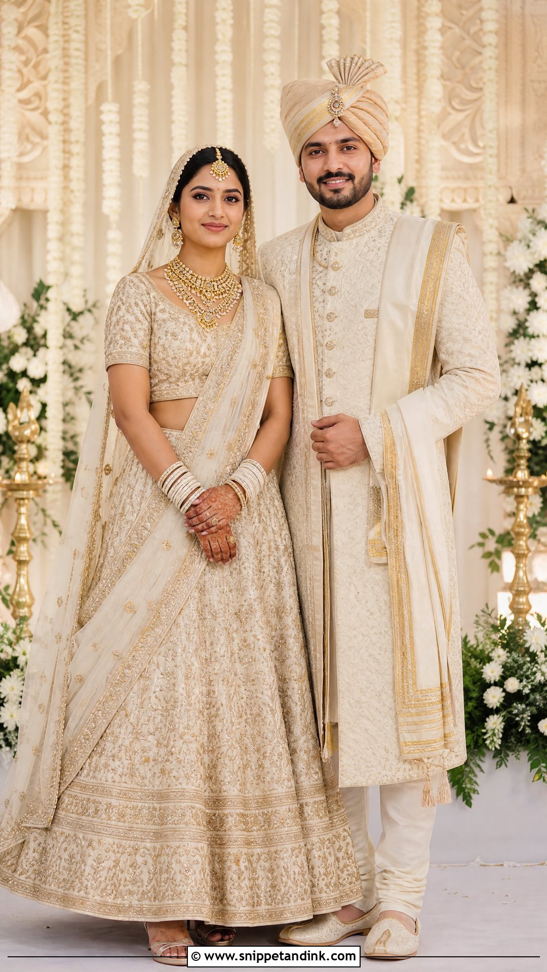 Ivory And Gold Matching Bridal Couple Outfit - Snippet and Ink - 20 Indian Bridal Couple Dress Ideas