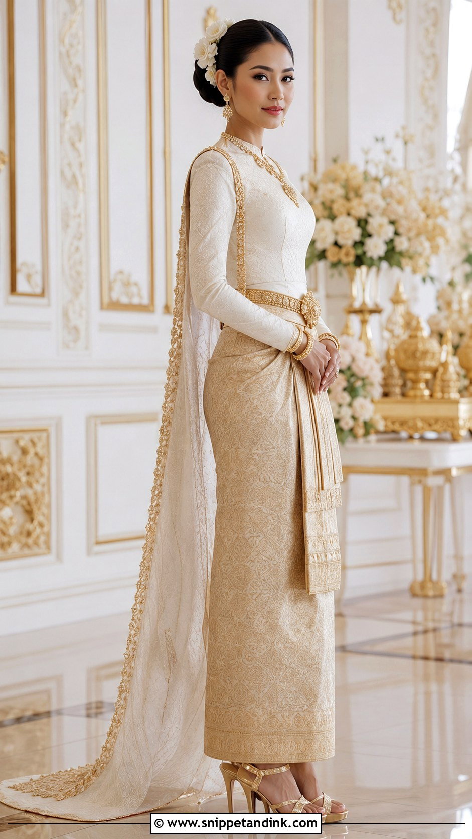 Ivory And Gold Sbai Wedding Dress - Snippet and Ink - 20 Cambodian Wedding Dress Ideas