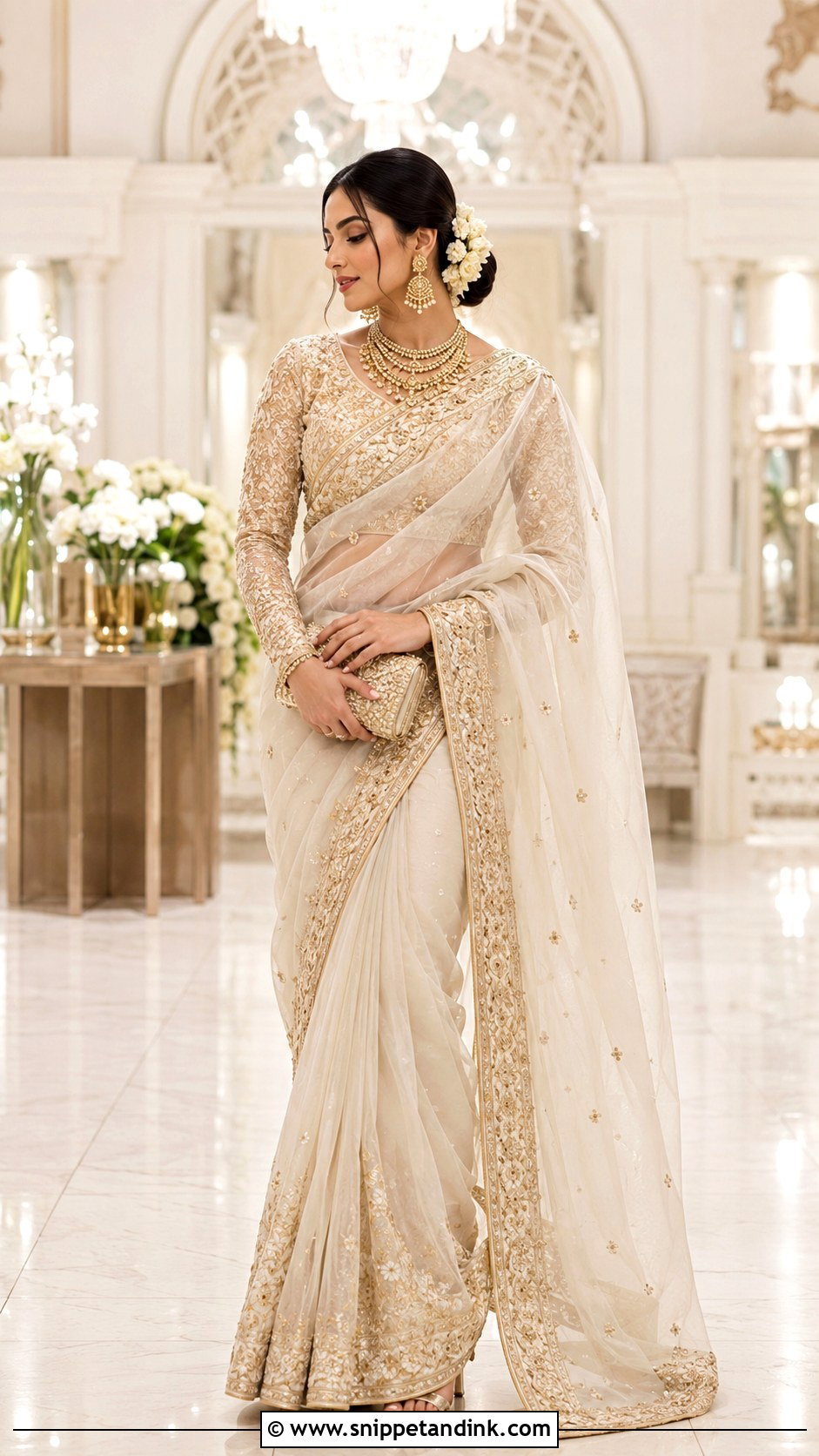 Ivory And Gold Walima Bridal Saree - Snippet and Ink - 20 Walima Brides Ideas