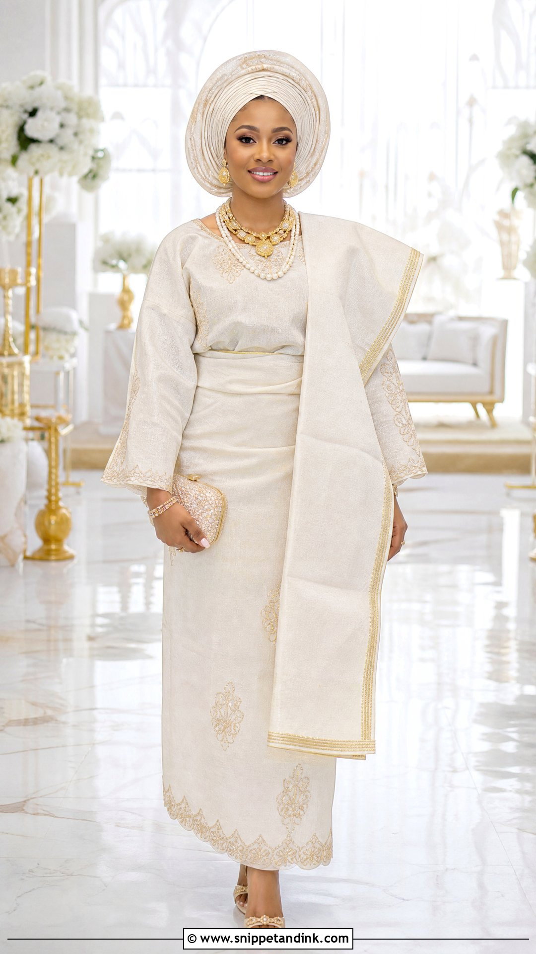 Ivory And Gold Yoruba Bridal Attire - Snippet and Ink - 25 Yoruba Bride Traditional Attire Ideas