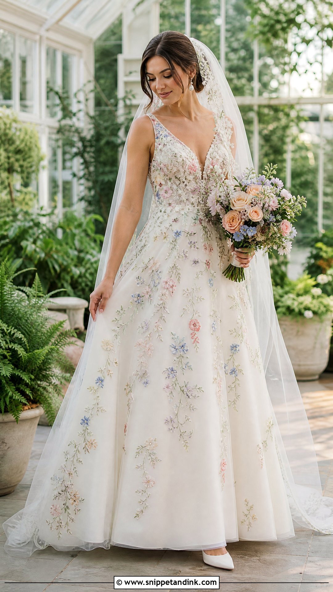 Ivory And Multicolor Floral Wedding Dress - Snippet and Ink - 20 Wedding Dress Colour Combination Ideas