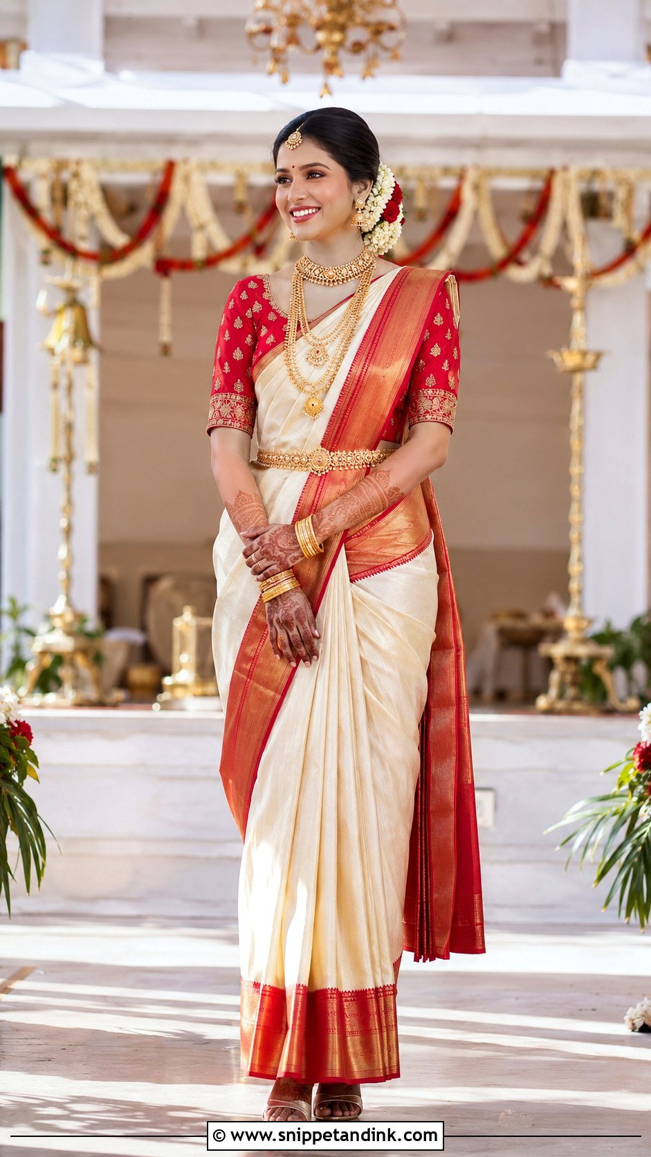 Ivory And Red Mangalorean Silk Saree Bride - Snippet and Ink - 20 Mangalorean Bride Ideas