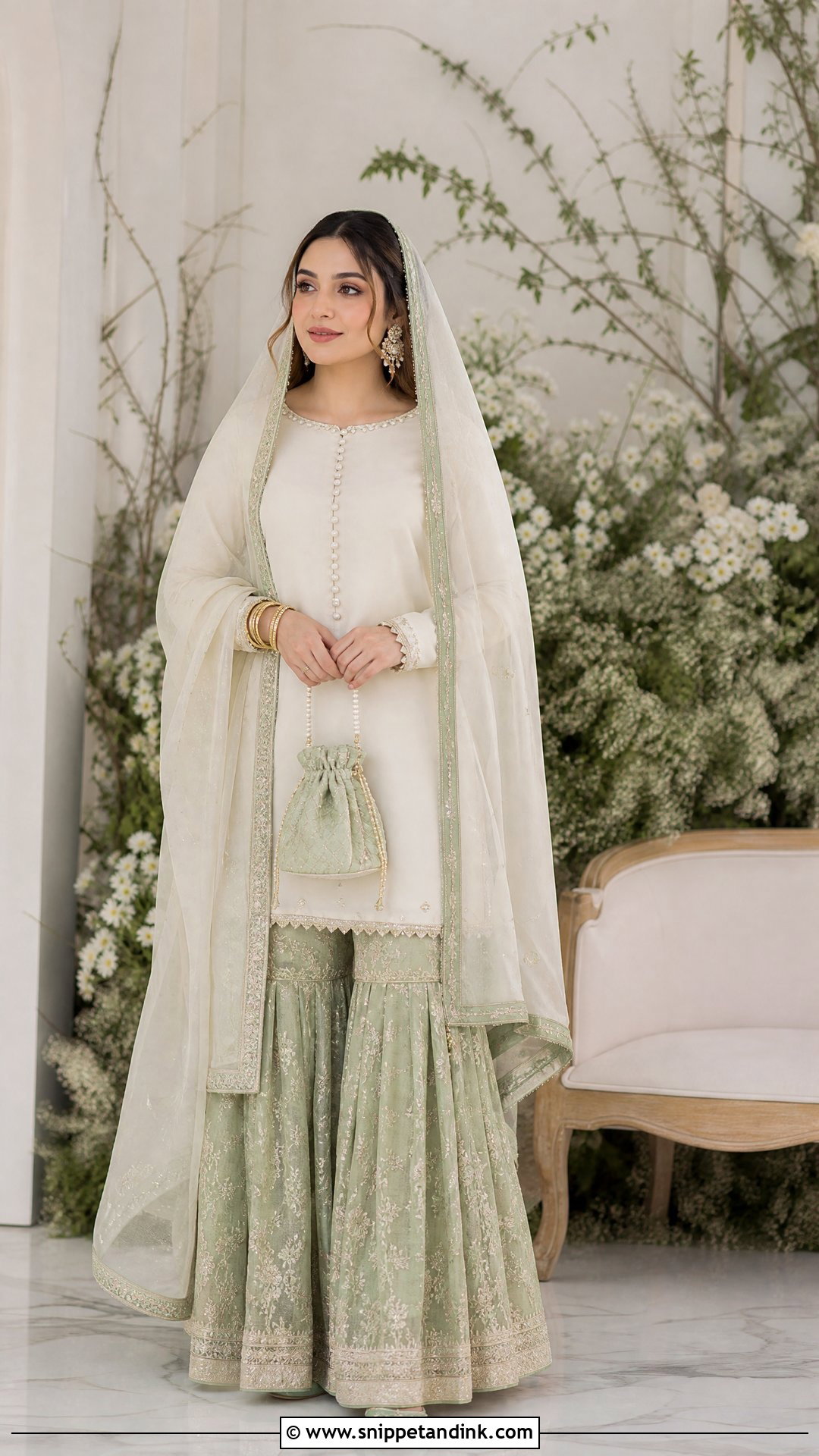 Ivory And Sage Pastel Nikkah Gharara - Snippet and Ink - 20 Pastel Nikkah Outfit Ideas