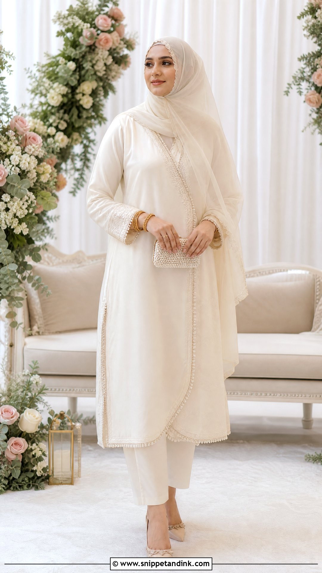 Ivory Angrakha With Lace Hijab - Snippet and Ink - 20 Pakistani Hijab for Wedding Party Ideas