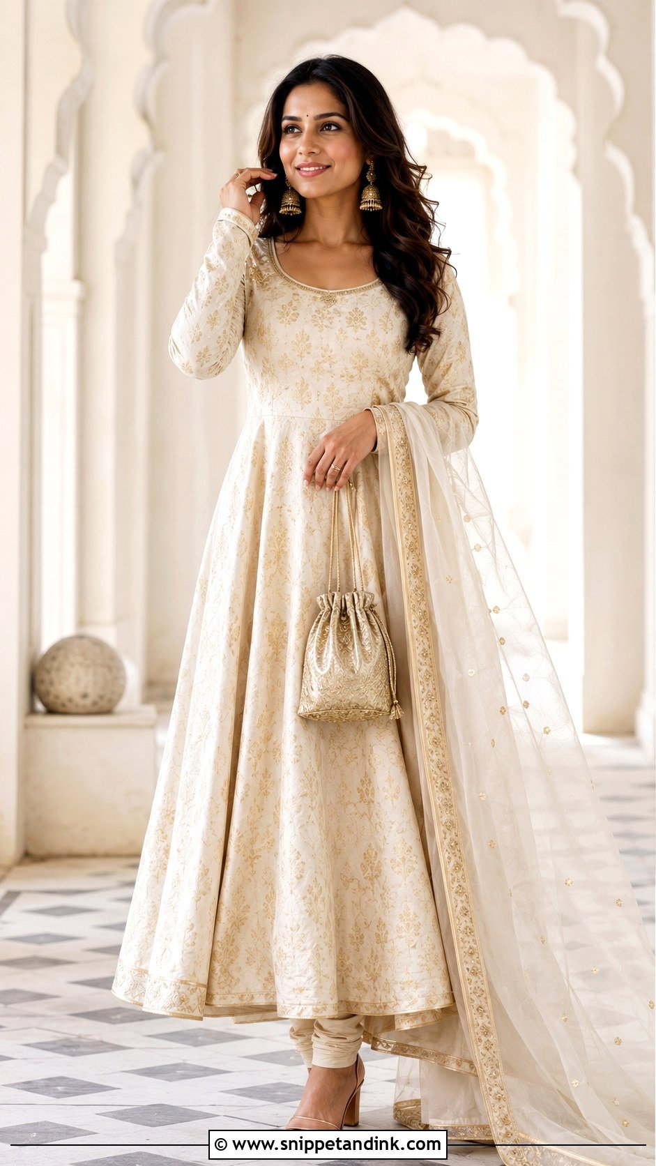 Ivory Banaras Anarkali Dress With Gold Jewelry - Snippet and Ink - 20 Banaras Anarkali Dresses