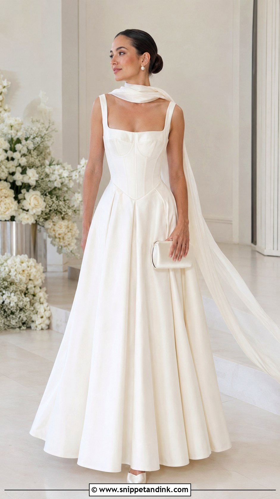 Ivory Basque Waist Gown With Neck Scarf - Snippet and Ink - 20 Gown with Neck Scarf Ideas