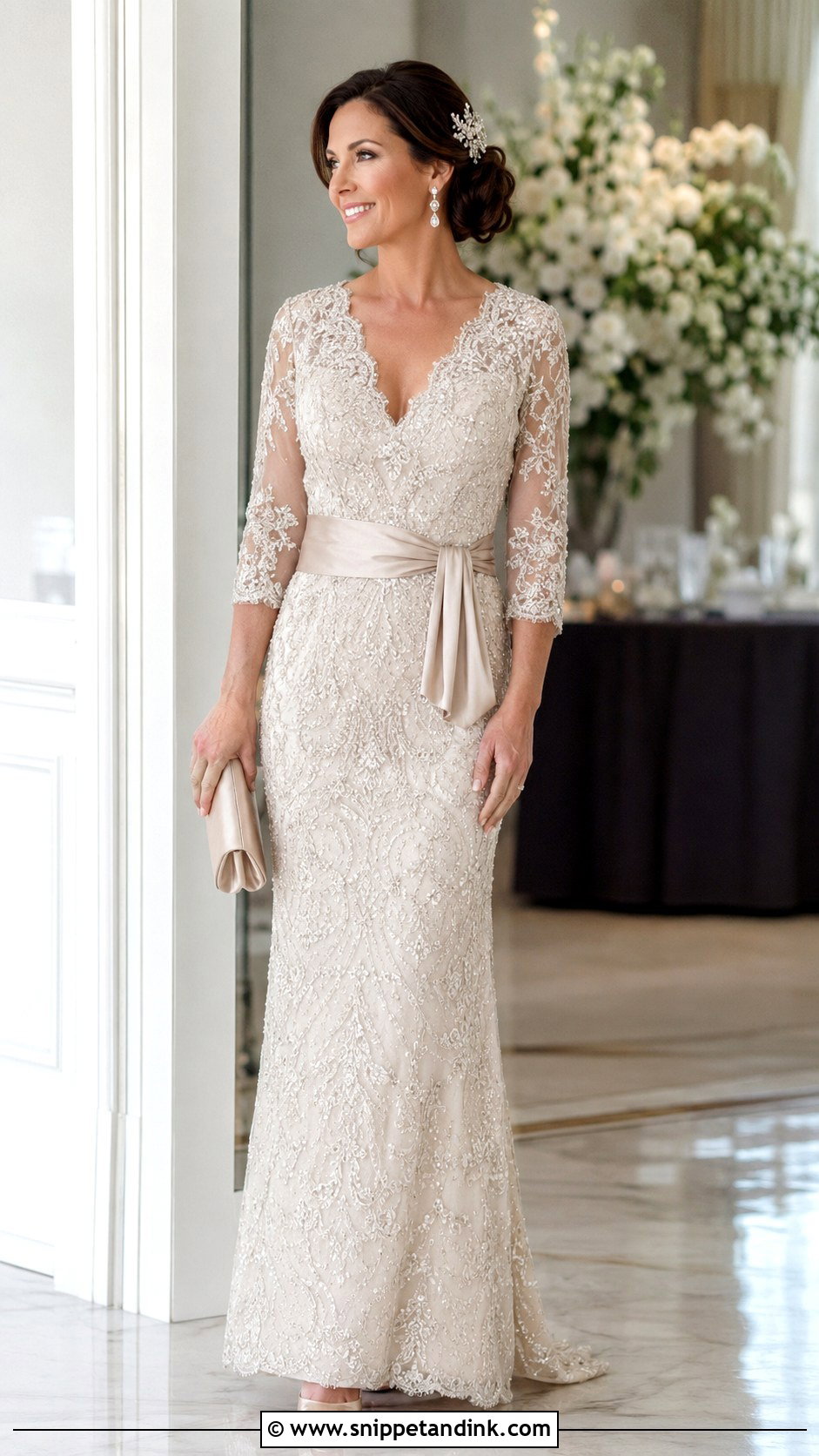 Ivory Beaded Lace Gown With A Champagne Satin Sash - Snippet and Ink - 20 Ivory Beaded Lace Gown 1920 Ideas
