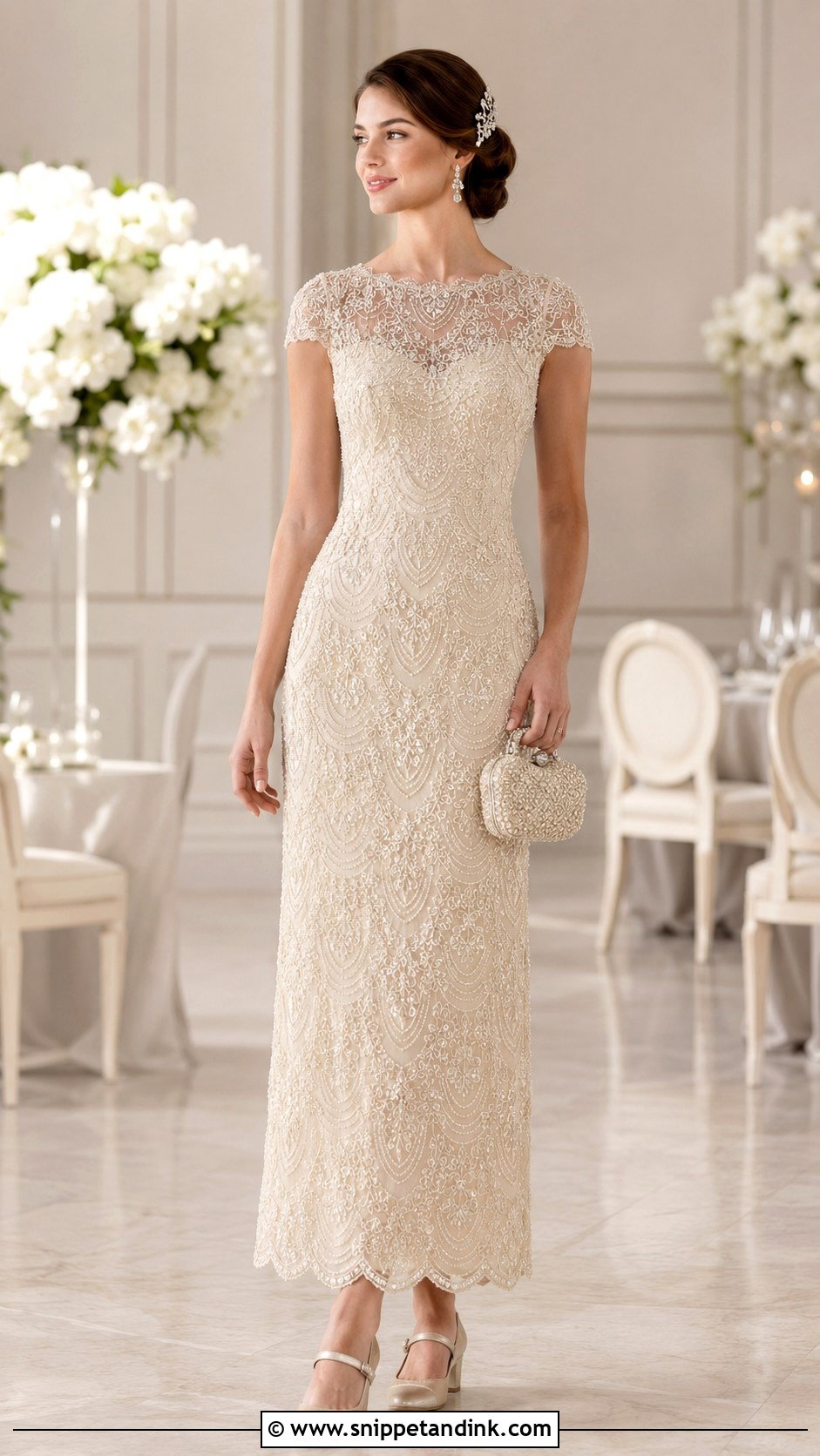 Ivory Beaded Lace Gown With Cap Sleeves And Mary Jane Heels - Snippet and Ink - 20 Ivory Beaded Lace Gown 1920 Ideas