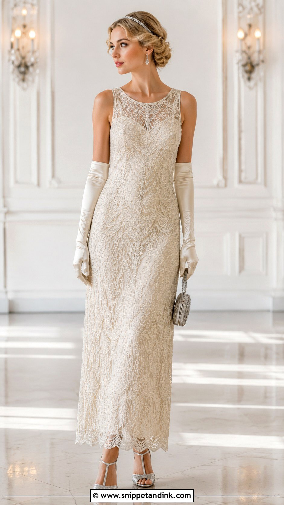 Ivory Beaded Lace Gown With Elbow Length Gloves - Snippet and Ink - 20 Ivory Beaded Lace Gown 1920 Ideas