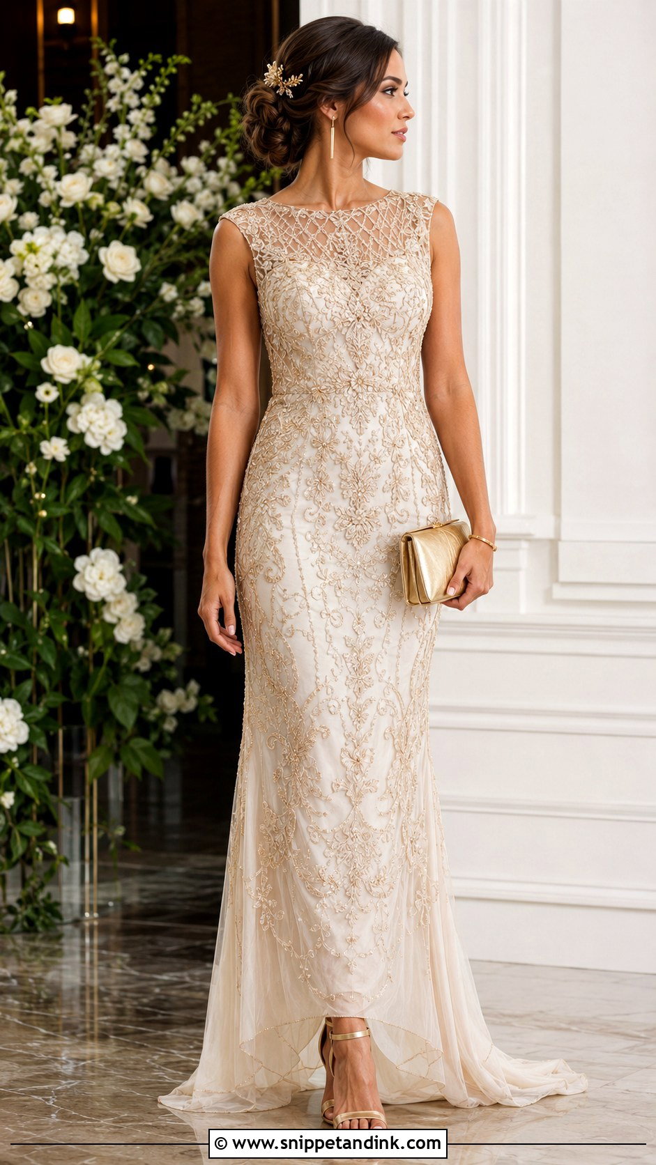 Ivory Beaded Lace Gown With Gold Art Deco Accessories - Snippet and Ink - 20 Ivory Beaded Lace Gown 1920 Ideas
