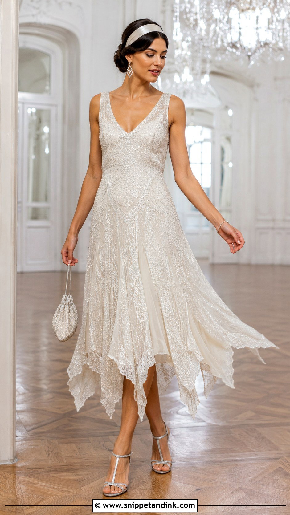 Ivory Beaded Lace Handkerchief Hem Gown With T Strap Shoes - Snippet and Ink - 20 Ivory Beaded Lace Gown 1920 Ideas