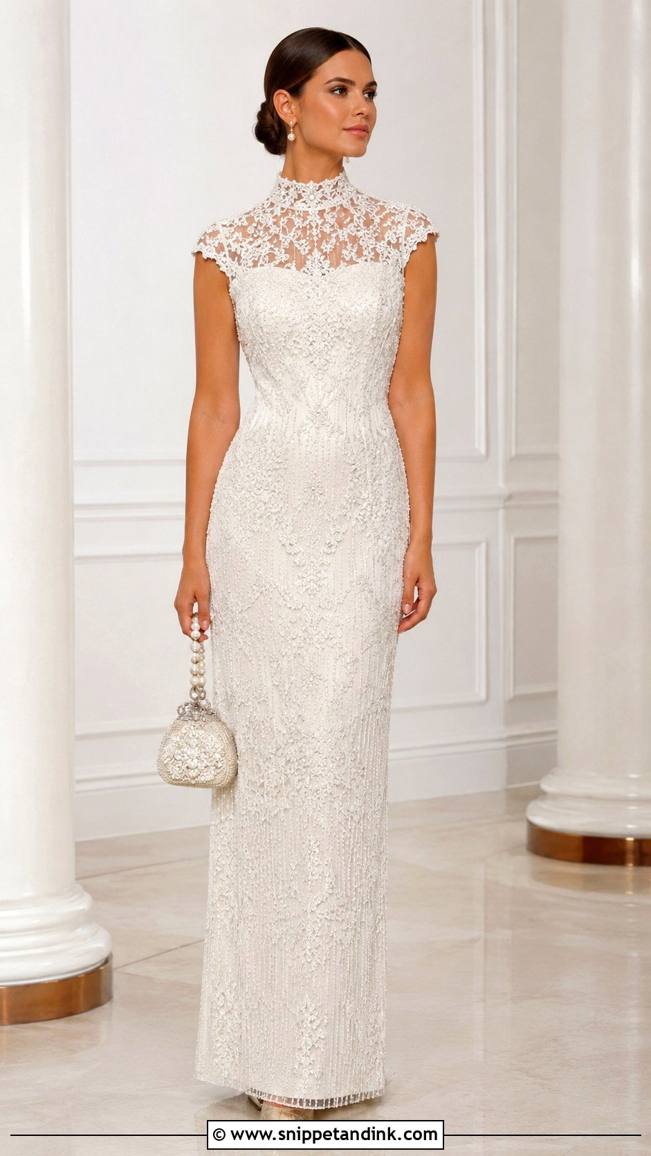 Ivory Beaded Lace High Neck Gown With Pearl Drop Earrings - Snippet and Ink - 20 Ivory Beaded Lace Gown 1920 Ideas
