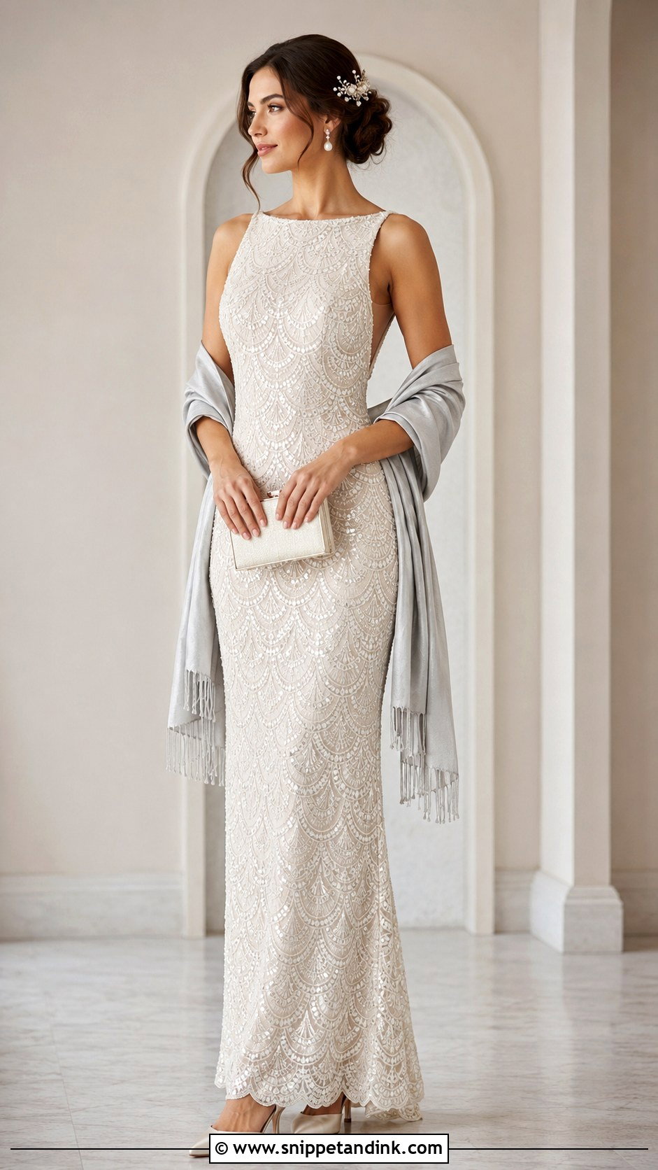 Ivory Beaded Lace Scalloped Gown With Pearl Hair Comb - Snippet and Ink - 20 Ivory Beaded Lace Gown 1920 Ideas