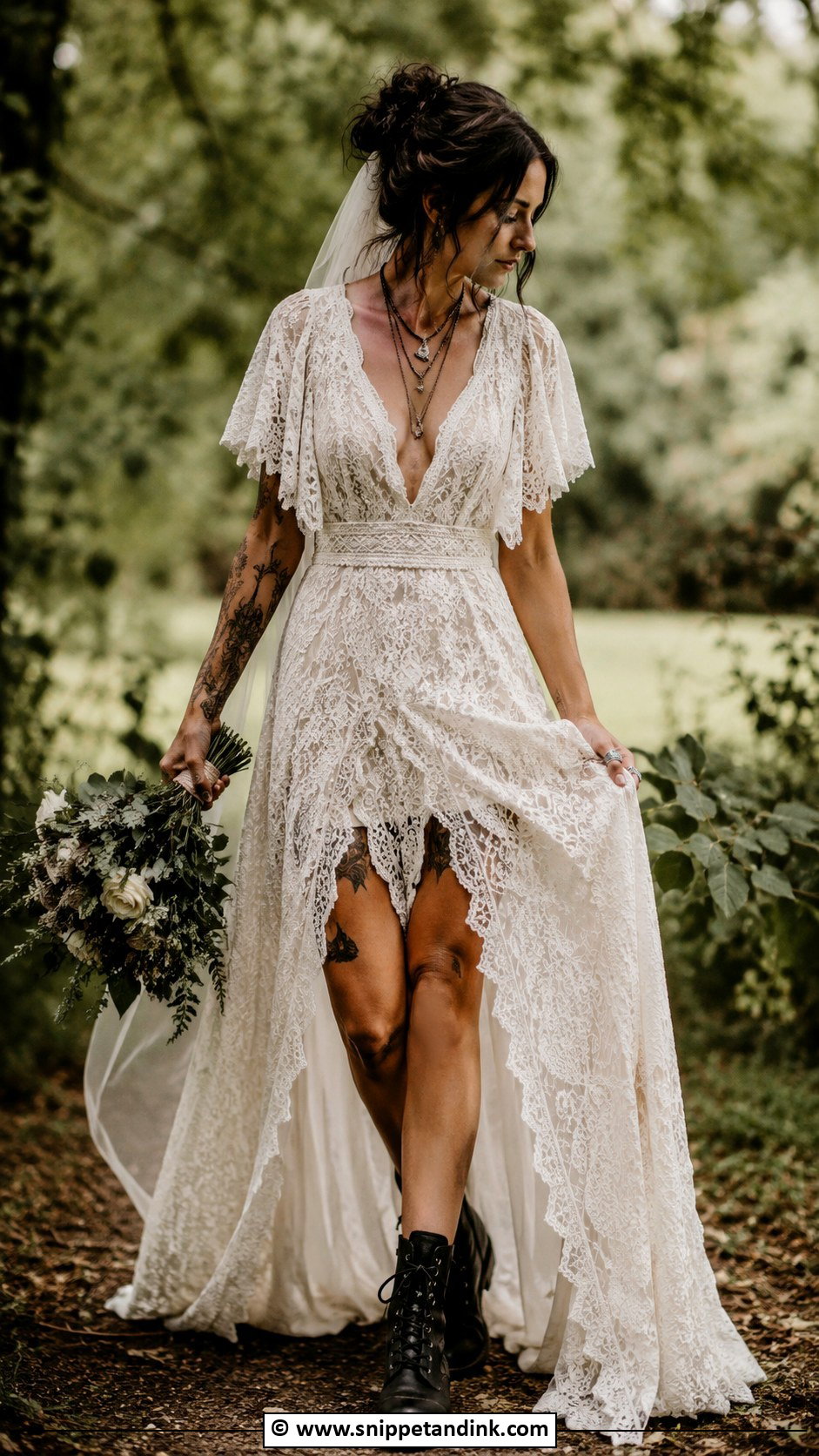 Ivory Boho Lace Wedding Dress With Boots - Snippet and Ink - 25 Whimsigoth Wedding Dress Ideas
