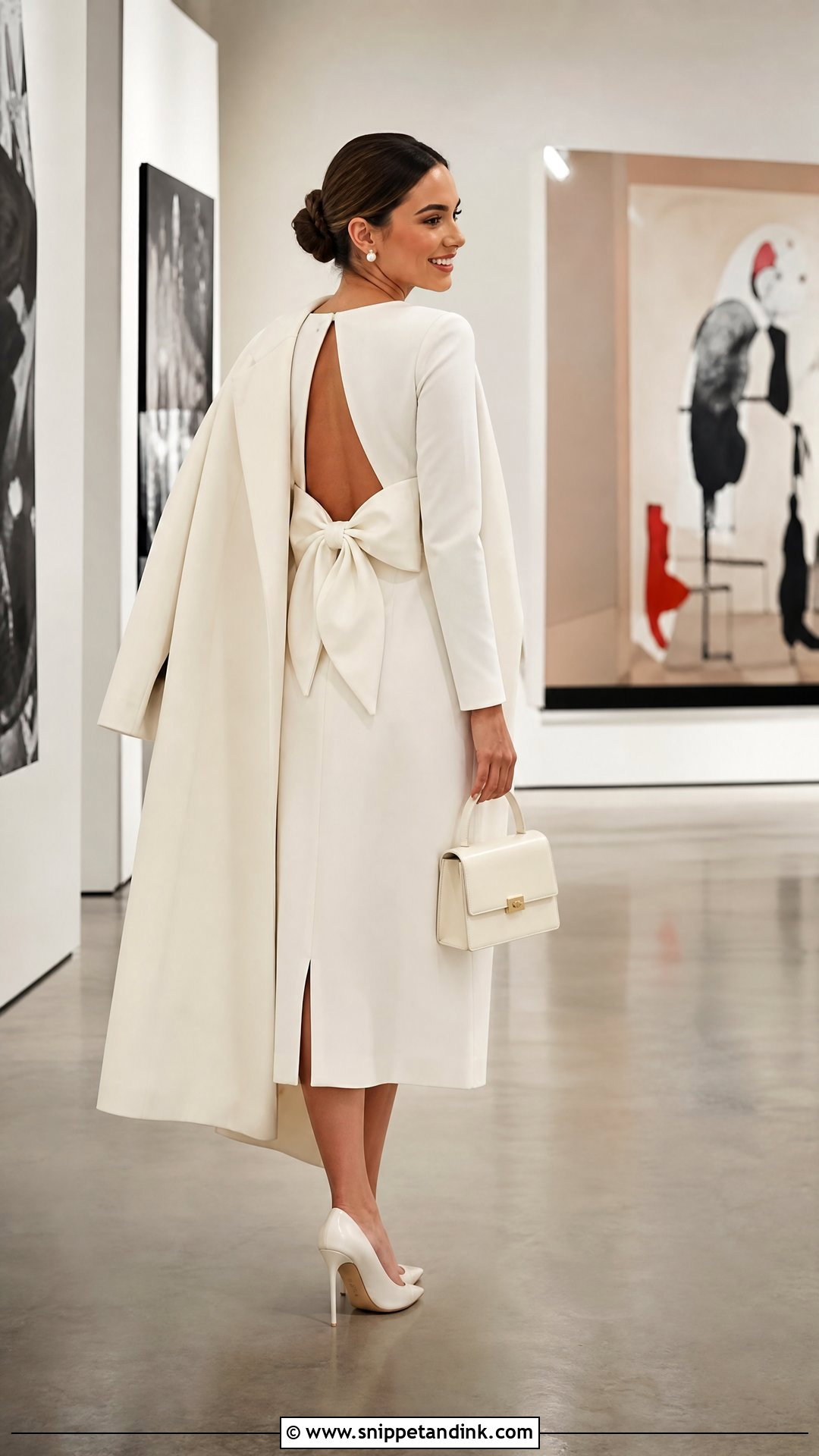 Ivory Bow Back Rehearsal Dinner Dress - Snippet and Ink - 20 Winter Rehearsal Dinner Dress Ideas