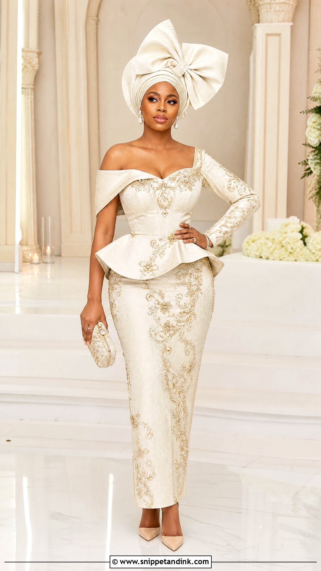 Ivory Bow Bridal Gele With Peplum Dress - Snippet and Ink - 20 Bridal Gele Styles