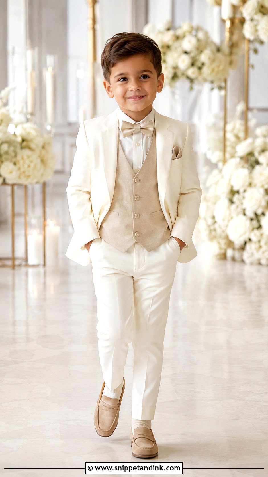 Ivory Boys Wedding Tuxedo With Champagne Vest - Snippet and Ink - 20 Kids Tuxedo Boys Wedding Ideas