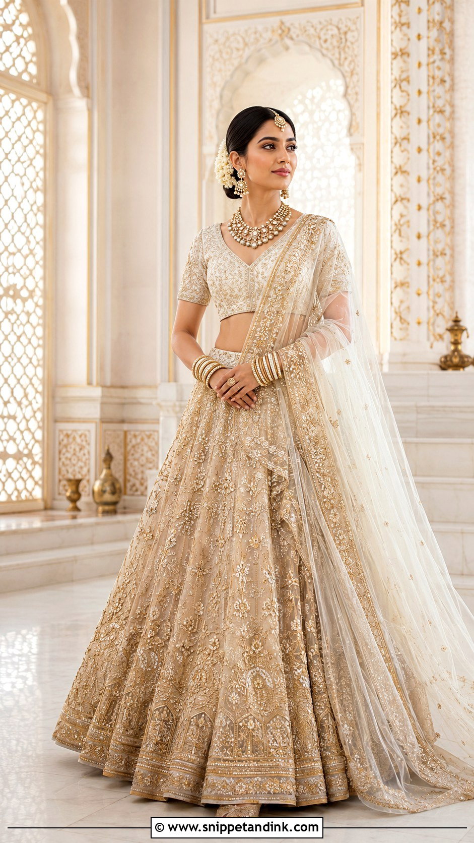Ivory Bridal Chunri Dupatta With Gold Lehenga - Snippet and Ink - 20 Bridal Chunri Dupatta Ideas
