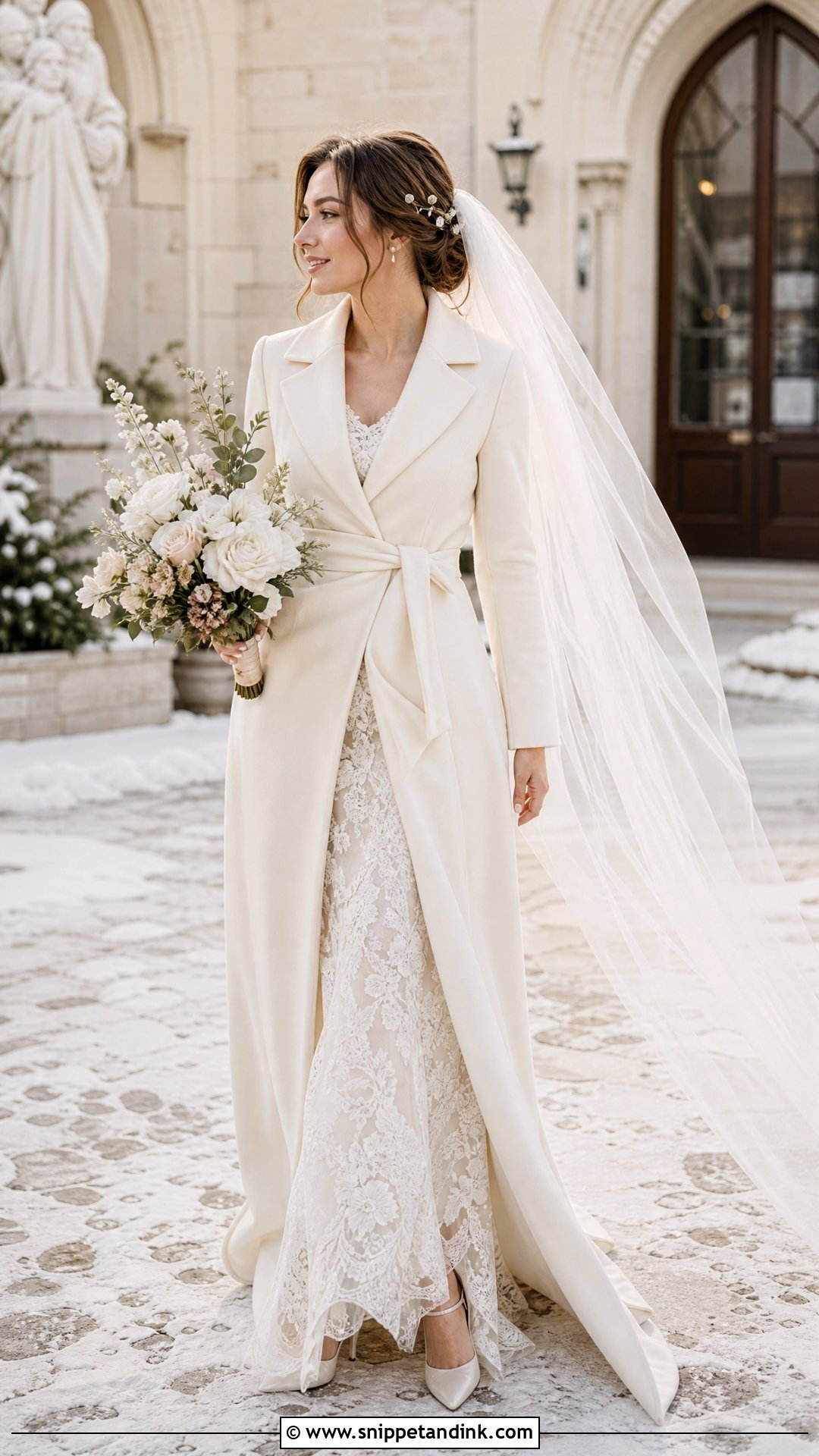Ivory Bridal Coat With Lace Dress - Snippet and Ink - 25 Wedding Coat Ideas