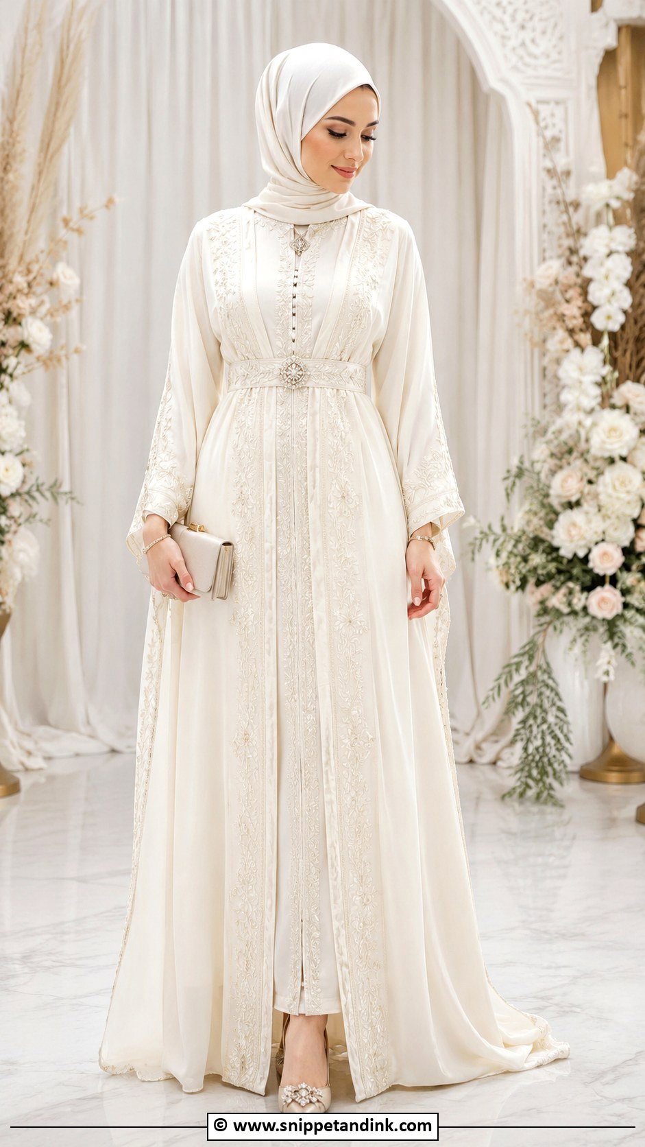 Ivory Bridal Hijab With Kaftan Dress - Snippet and Ink - 30 Bridal Hijab Styles