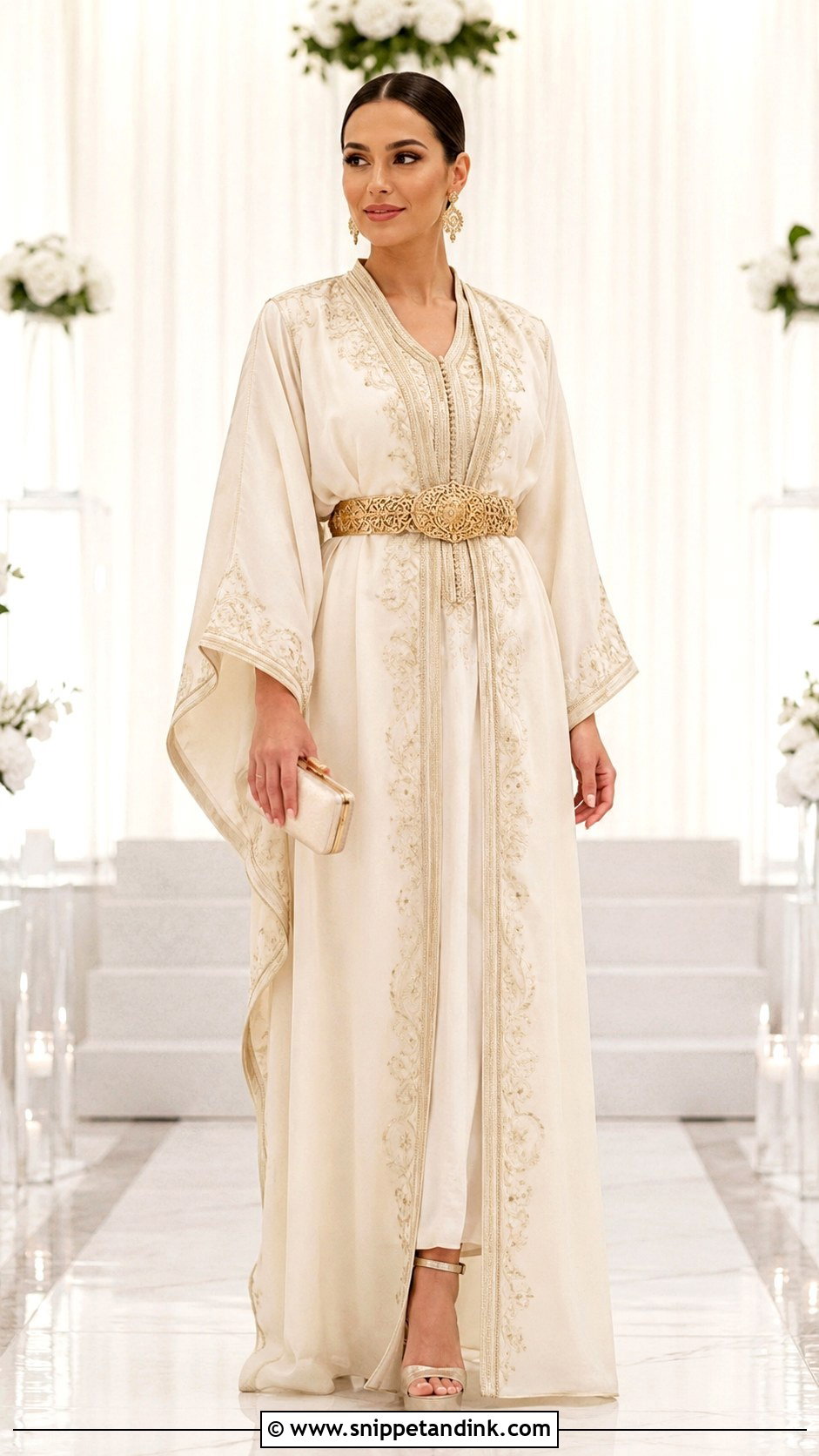 Ivory Bridal Kaftan With Gold Belt - Snippet and Ink - 20 Bridal Kaftan Ideas