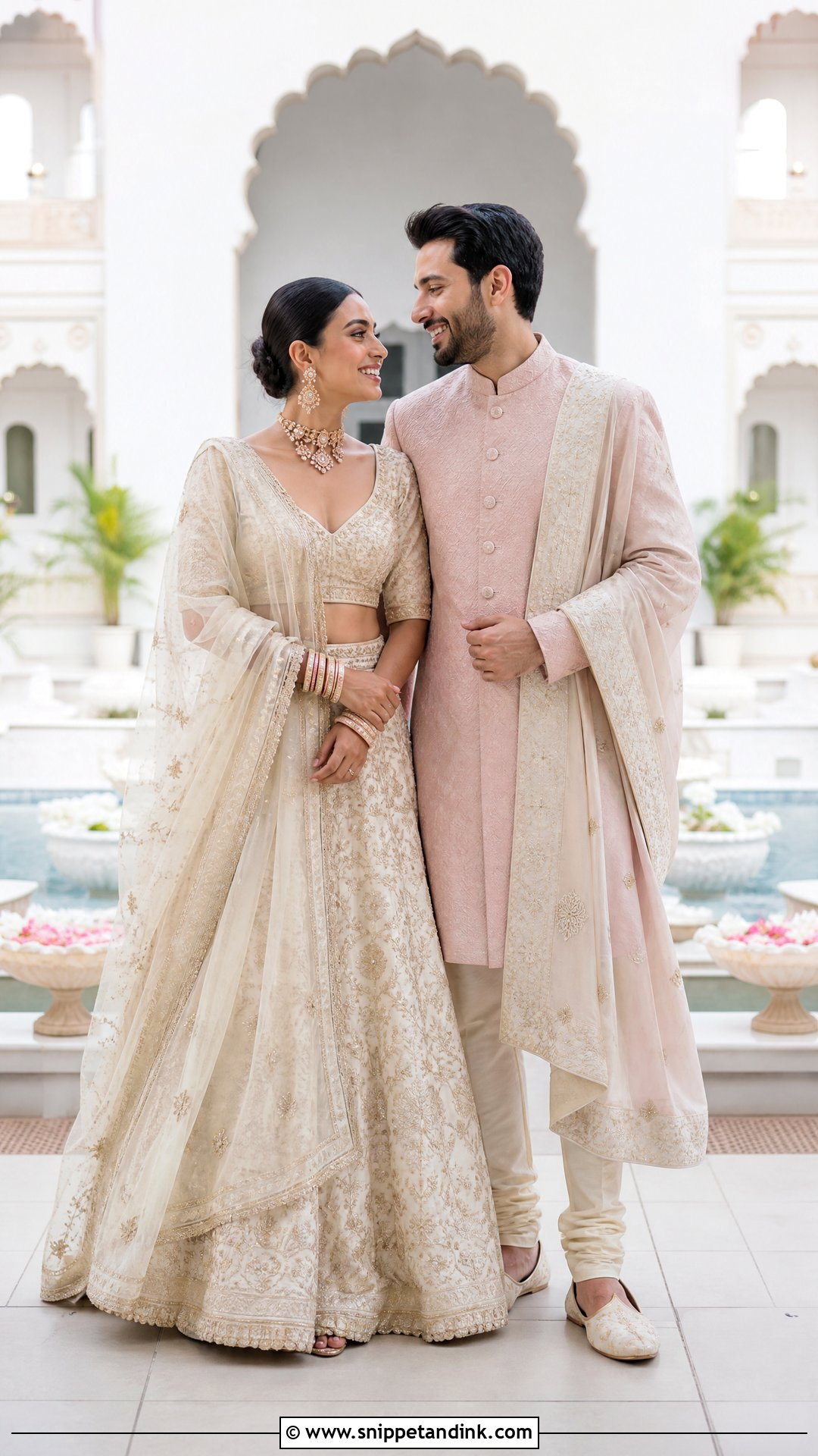Ivory Bridal Lehenga And Pastel Sherwani Couple - Snippet and Ink - 20 Wedding Dresses for Couple