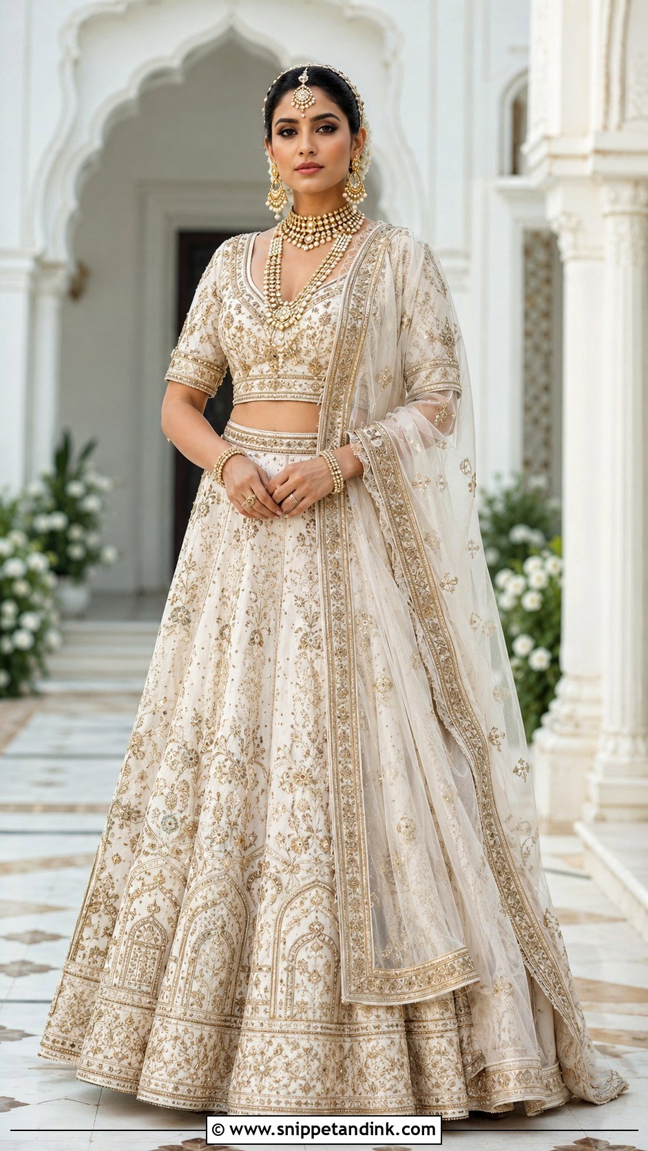 Ivory Bridal Lehenga With Antique Gold Jewelry - Snippet and Ink - 20 South Asian Wedding Dress Ideas