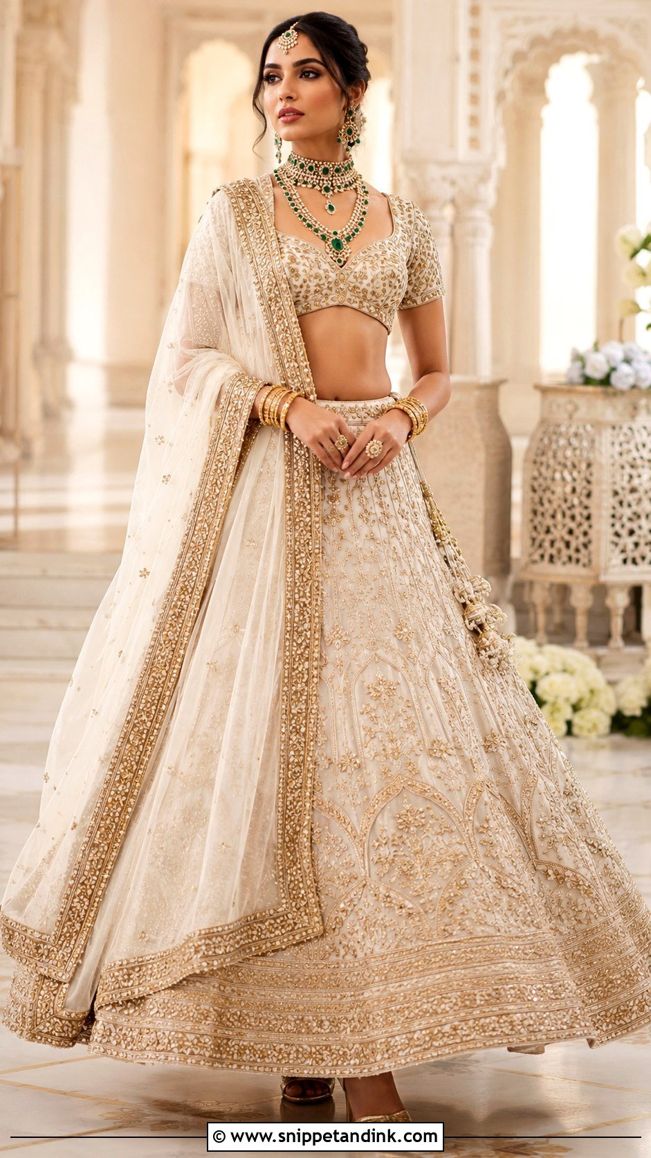 Ivory Bridal Lehenga With Emerald Jewelry - Snippet and Ink - 25 Indian Weddings Bridal Lehnga Dress Ideas
