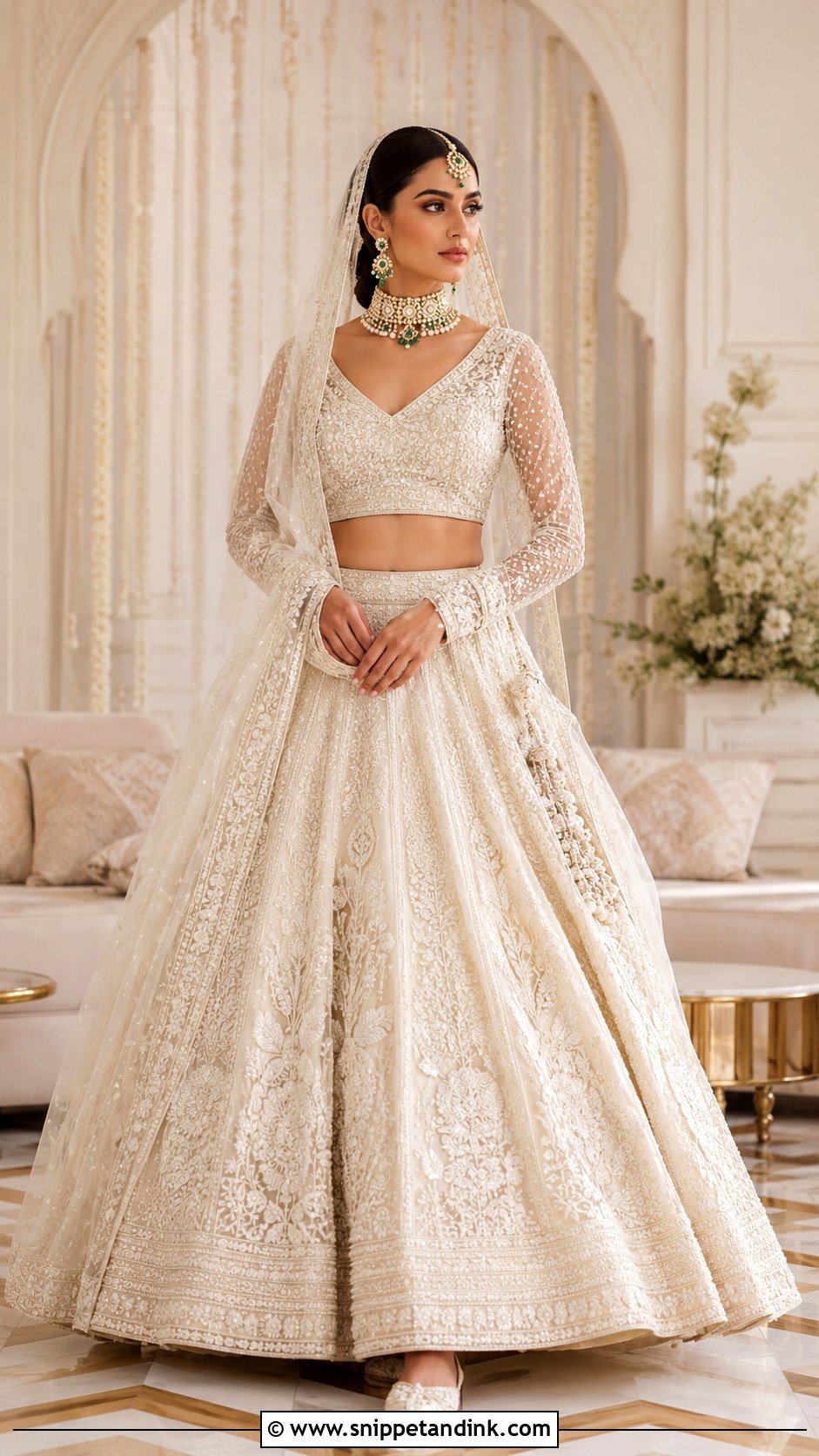 Ivory Bridal Lehenga With Pearl Sleeves - Snippet and Ink - 20 Indian Wedding Dresses with Sleeves