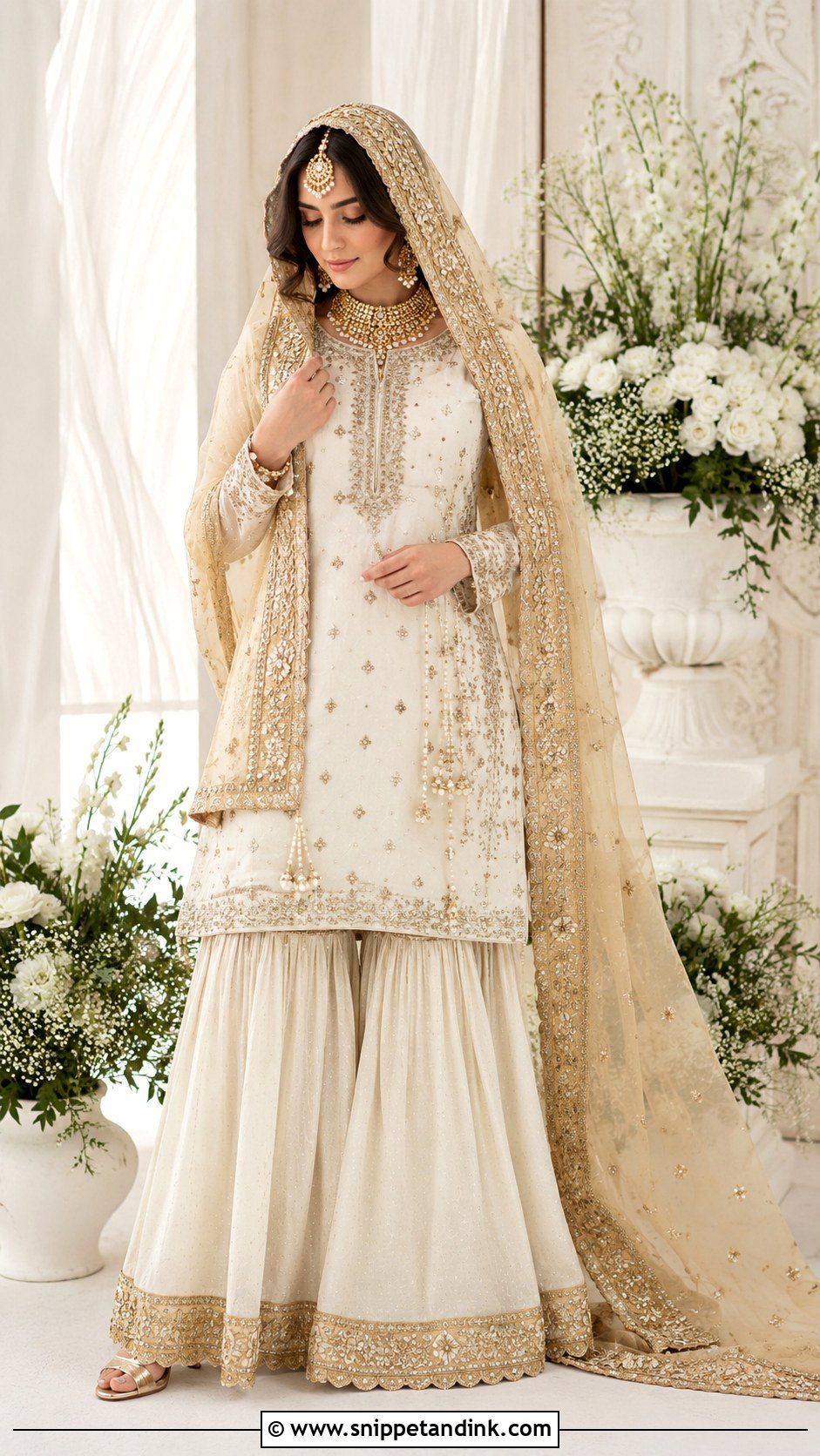 Ivory Bridal Sharara With Gold Dupatta - Snippet and Ink - 30 Indian Muslim Bridal Dress Ideas