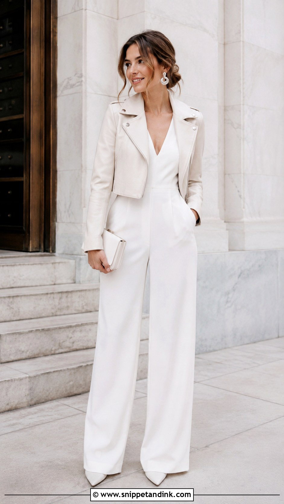 Ivory Bride Leather Jacket With Wedding Jumpsuit - Snippet and Ink - 20 Bride Leather Jacket Ideas