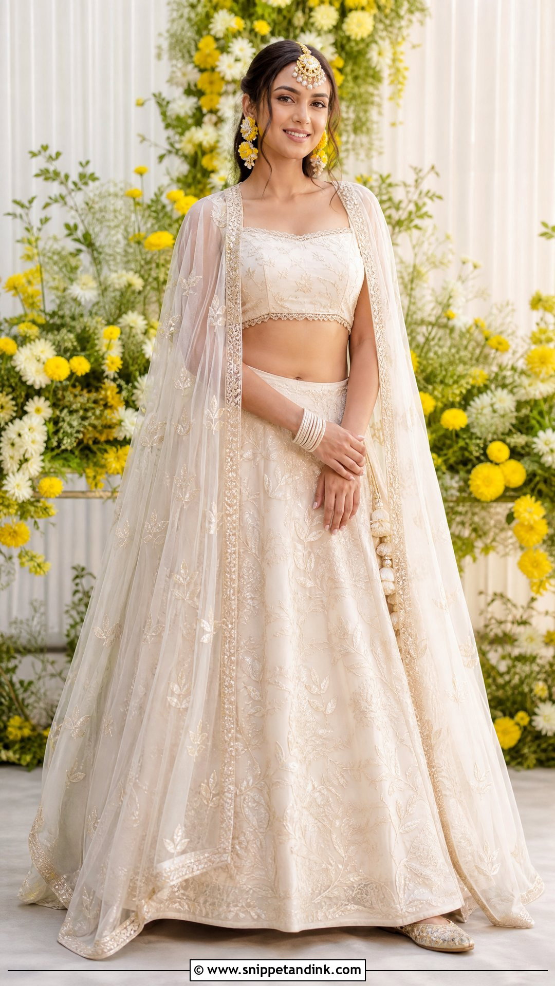 Ivory Cape Haldi Lehenga - Snippet and Ink - 20 Unique Haldi Outfit for Bride Ideas
