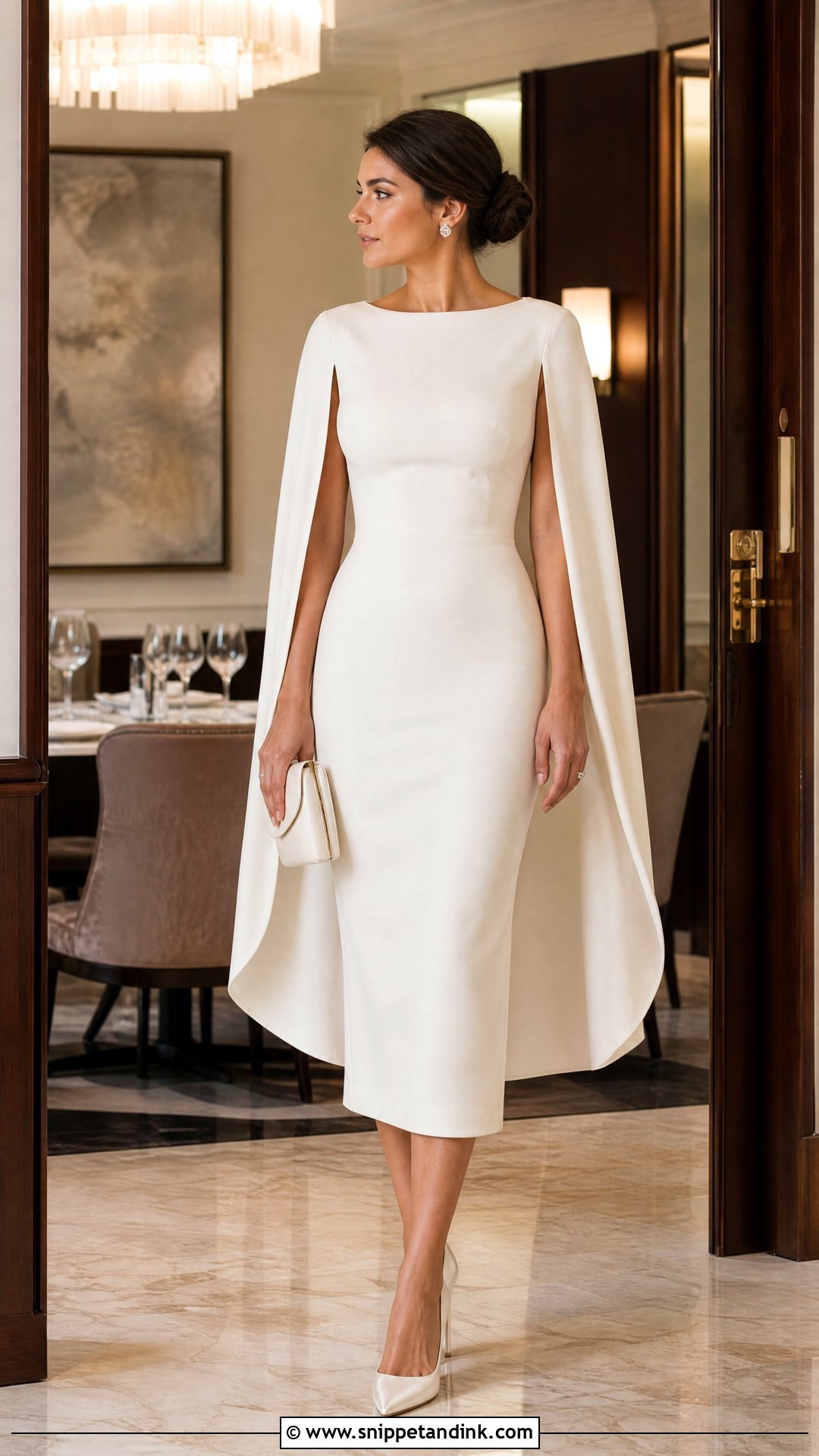 Ivory Cape Sleeve Rehearsal Dinner Dress - Snippet and Ink - 20 Winter Rehearsal Dinner Dress Ideas