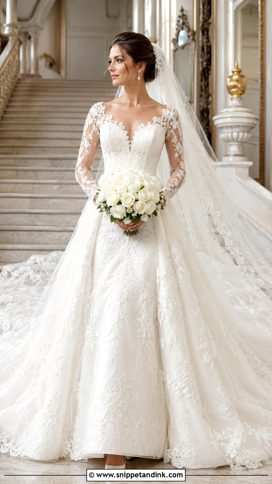 Ivory Cathedral Train Wedding Dress With Lace Sleeves - Snippet and Ink - 20 Ivory Wedding Dress with Sleeves