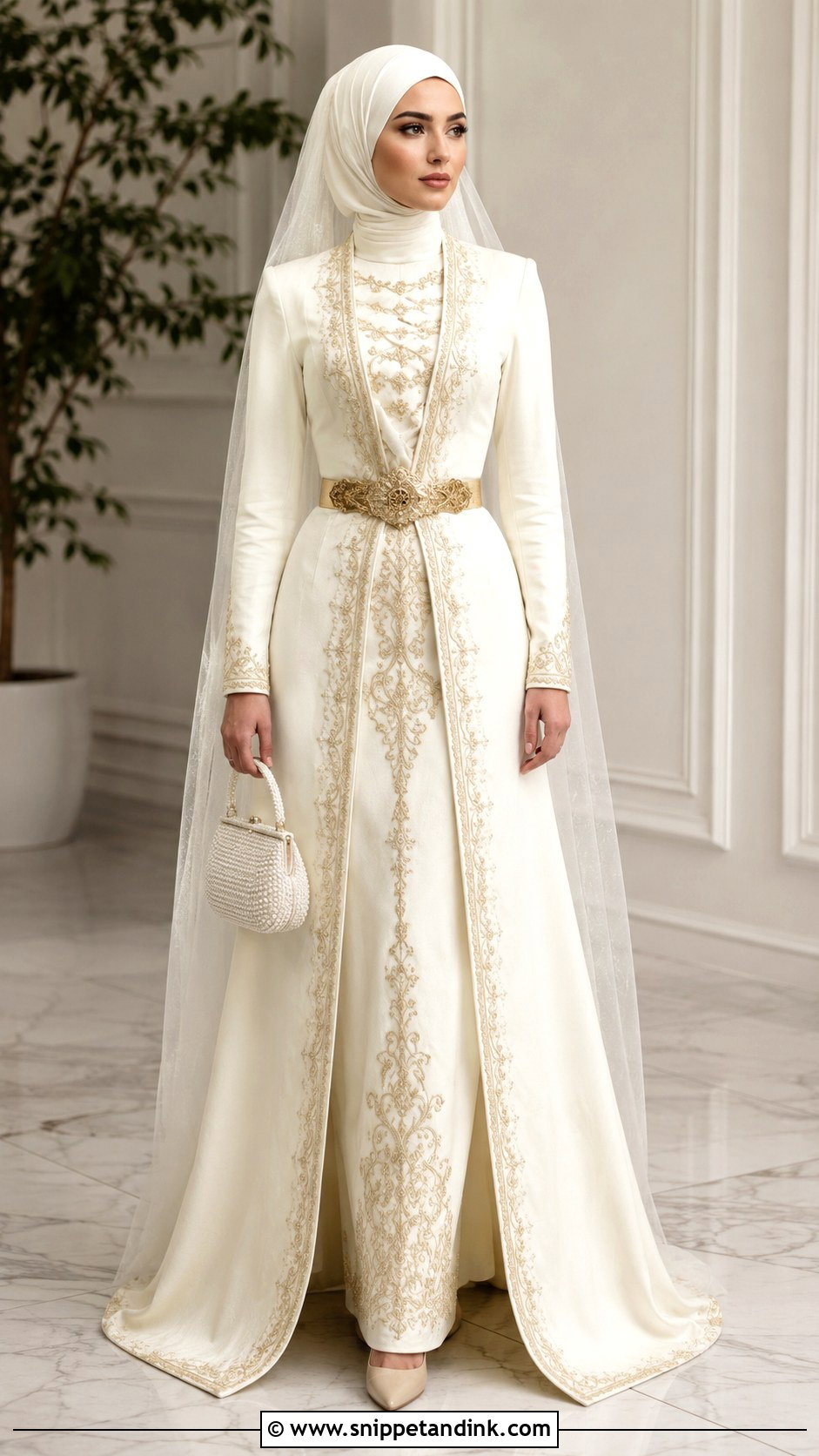 Ivory Chechen Wedding Dress With Gold Embroidery - Snippet and Ink - 20 Chechen Wedding Dresses