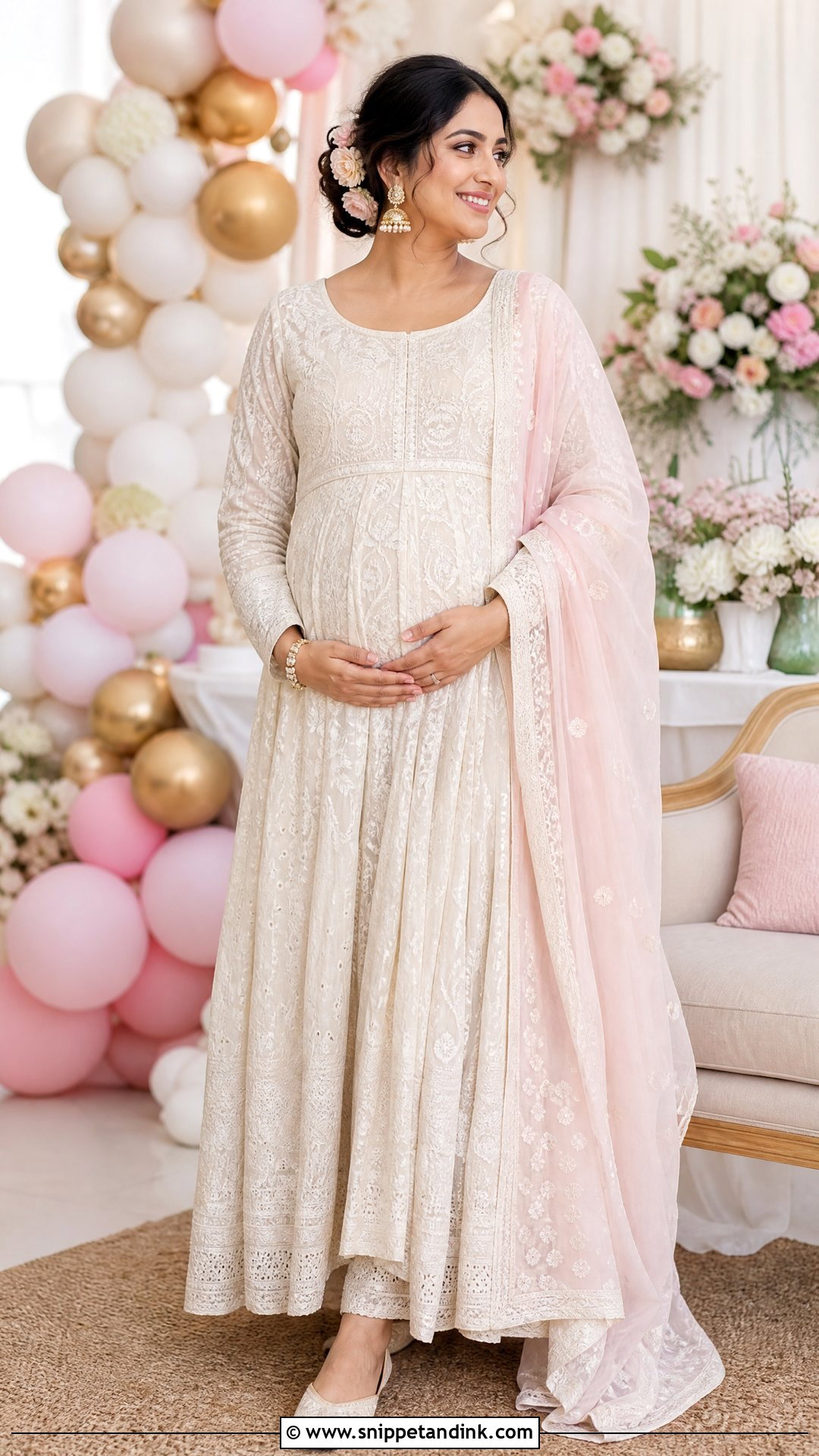 Ivory Chikankari Anarkali Godbharai Look - Snippet and Ink - 25 Godbharai Look Ideas