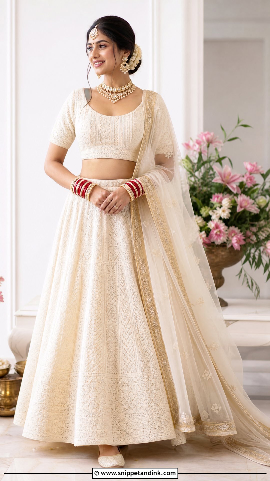 Ivory Chikankari Lehenga Mata Poojan Look - Snippet and Ink - 20 Mata Poojan Look for Bride Ideas