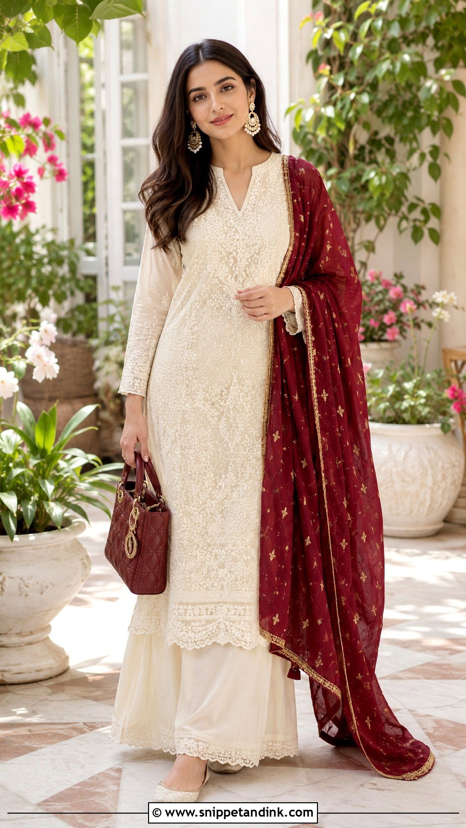 Ivory Chikankari Suit With Maroon Dupatta - Snippet and Ink - 20 Maroon Dupatta Combination Ideas