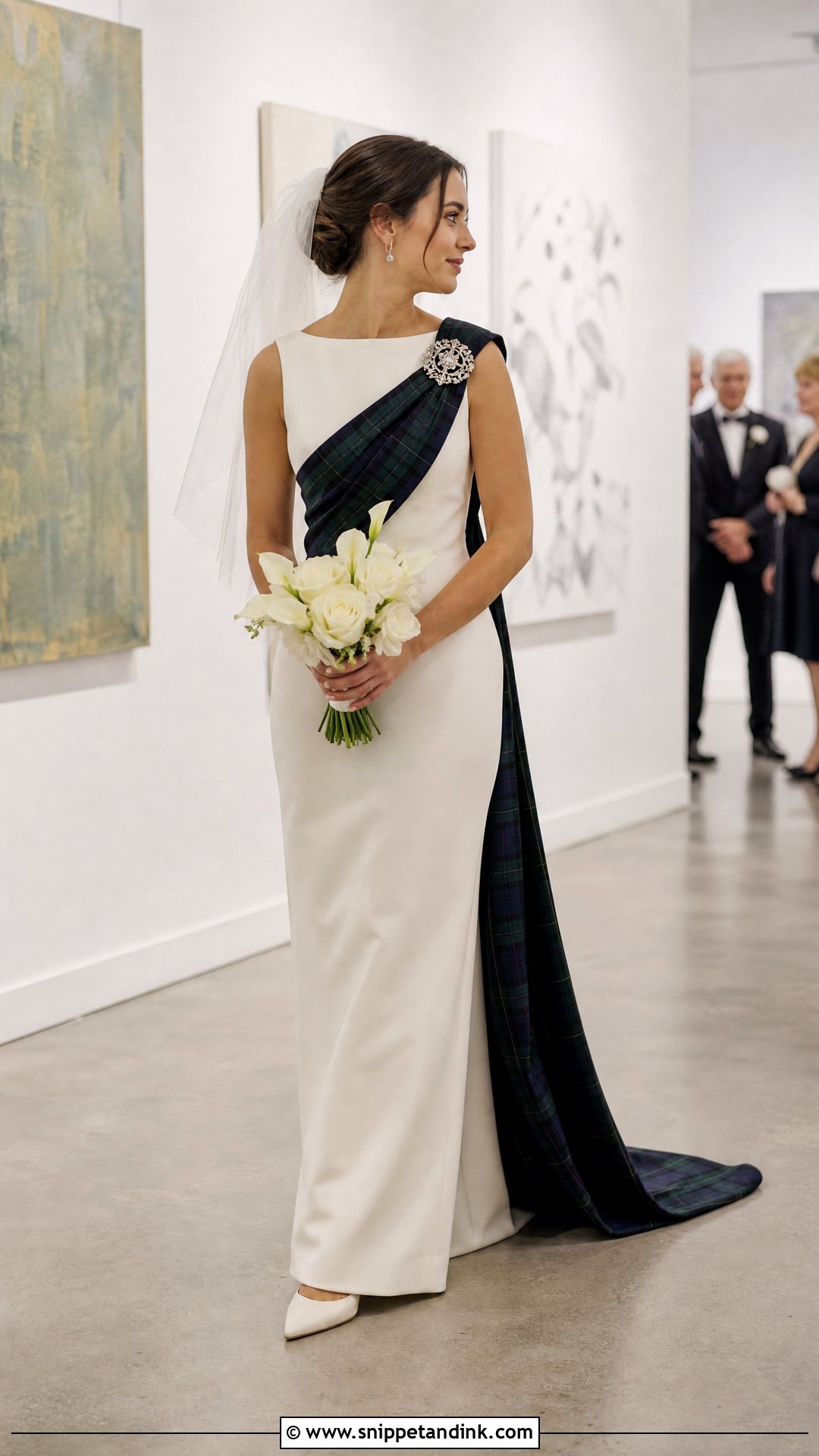 Ivory Column Wedding Dress With Tartan Shoulder Drape - Snippet and Ink - 20 Tartan Wedding Dress Ideas