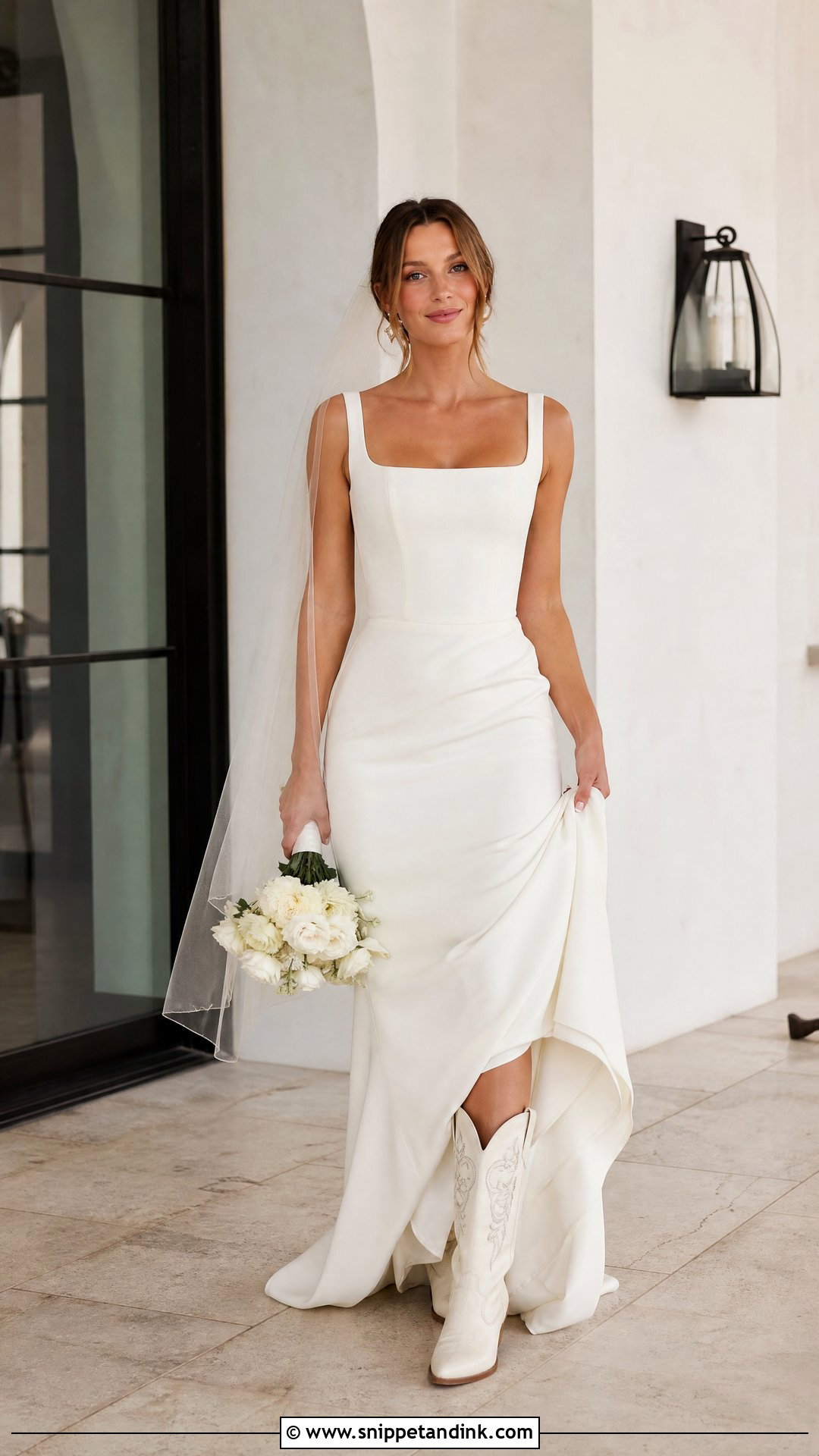 Ivory Cowgirl Boots With Crepe Wedding Gown - Snippet and Ink - 20 Wedding Cowgirl Boots for Bride Ideas