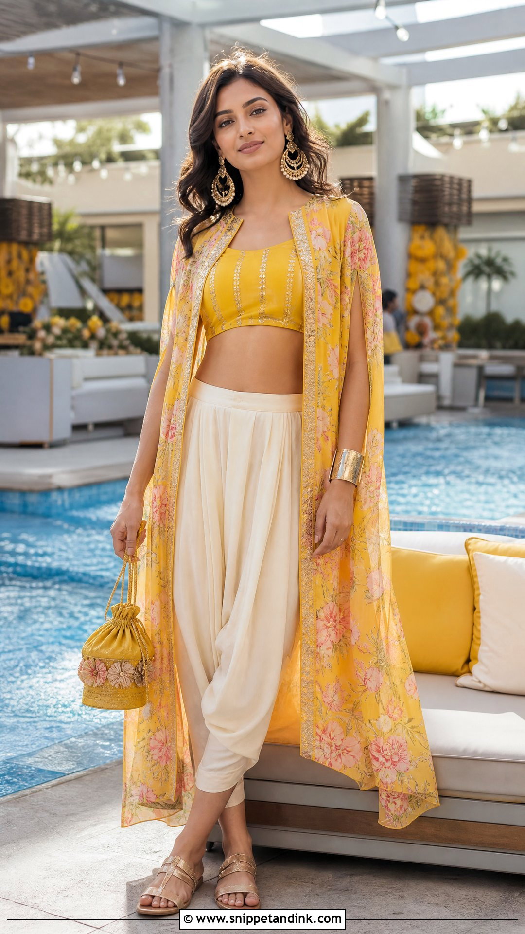 Ivory Dhoti Pants And Yellow Cape Poolside Haldi Outfit - Snippet and Ink - 20 Pool Side Haldi Outfits