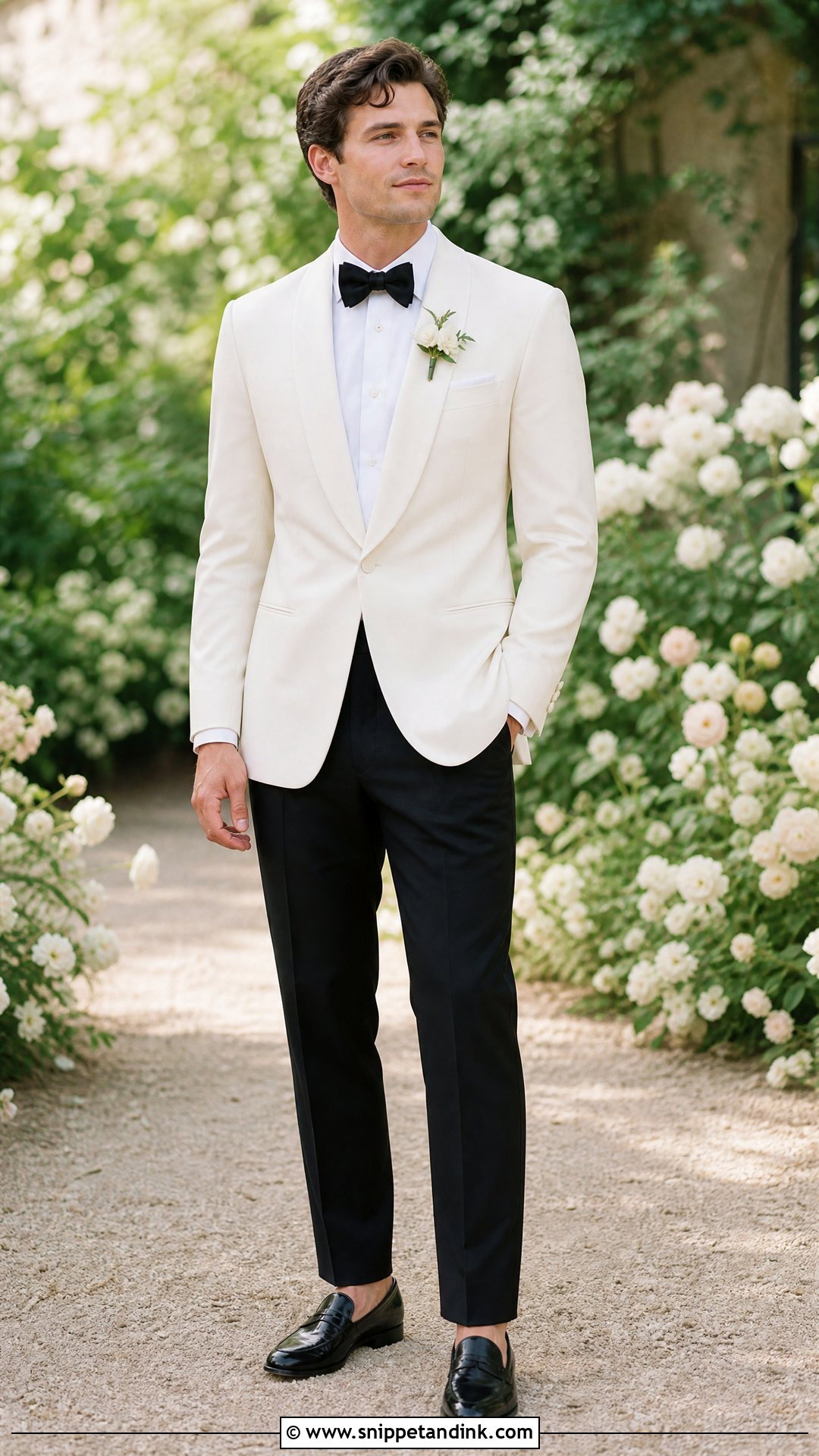 Ivory Dinner Jacket Garden Wedding Outfit - Snippet and Ink - 20 White Dinner Jacket Wedding Ideas