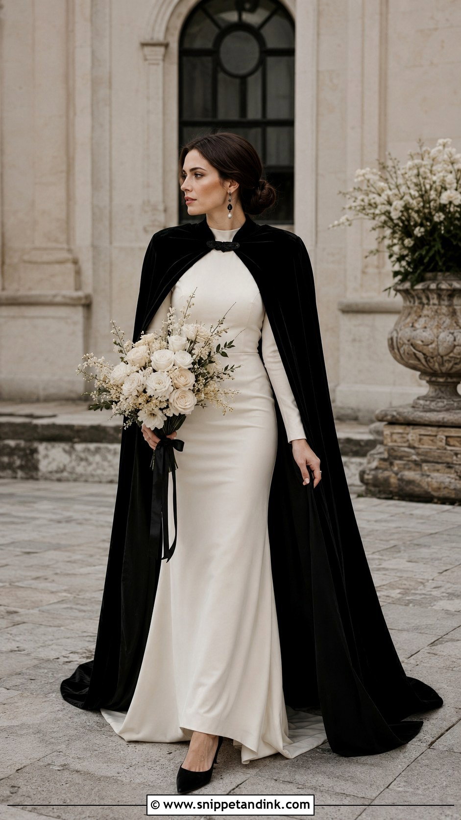 Ivory Dress With Black Cape - Snippet and Ink - 20 Dark Academia Wedding Dress Ideas