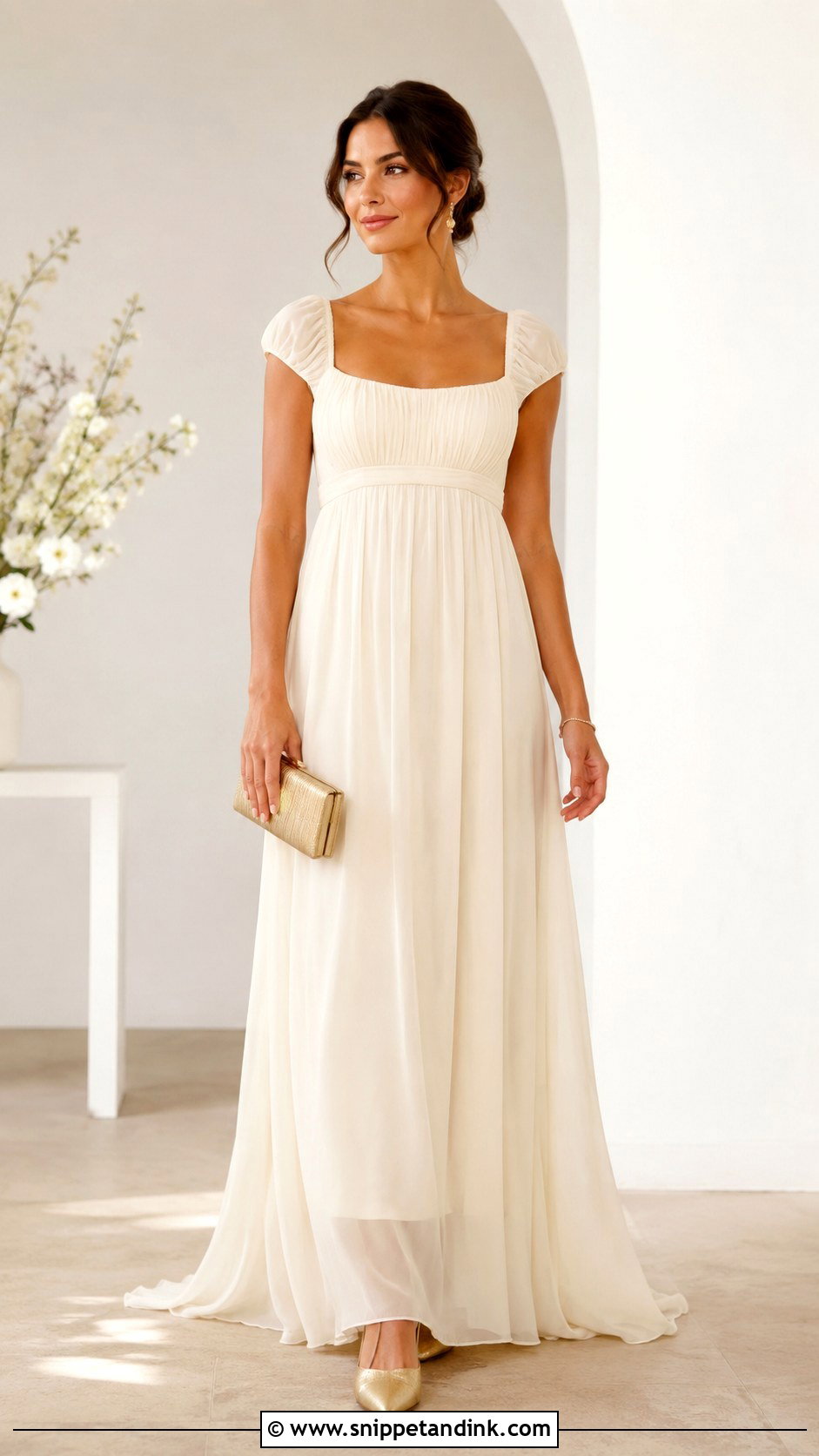 Ivory Empire Waist Gown With Gold Flats - Snippet and Ink - 20 Simple Gown Ideas