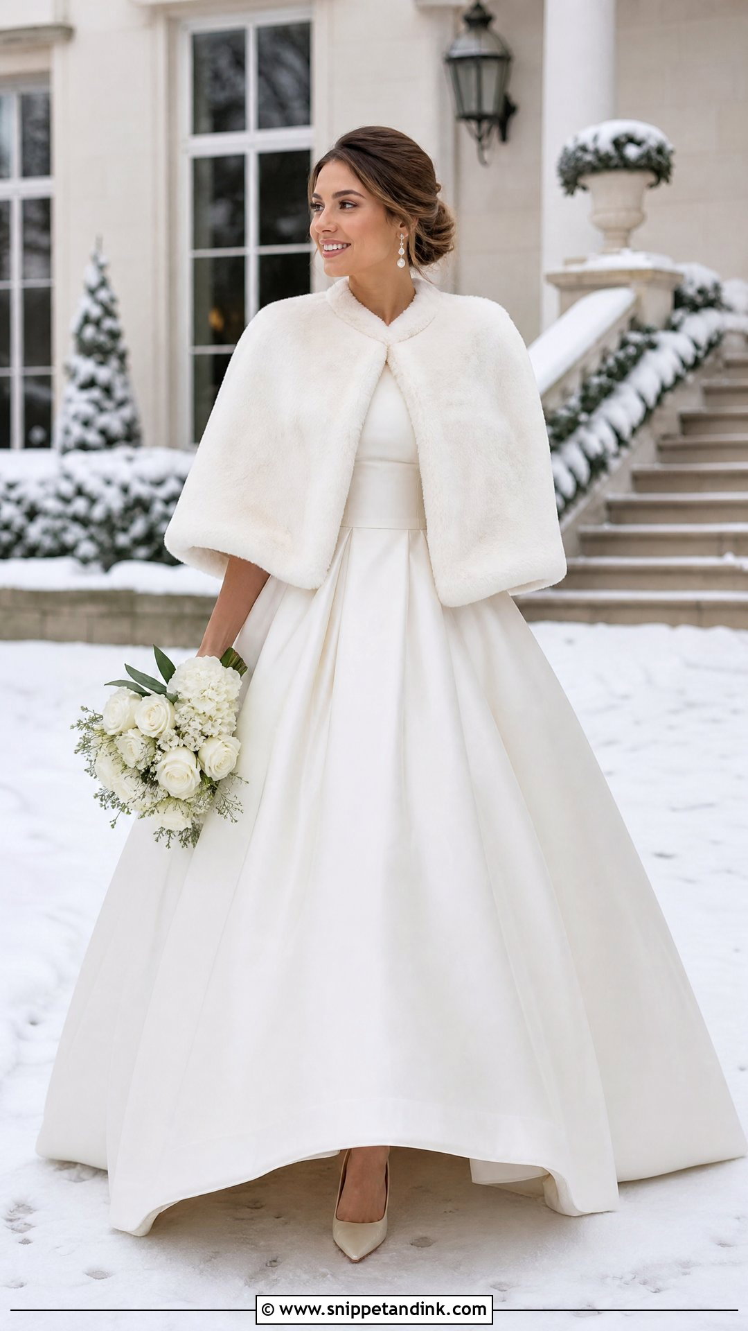 Ivory Faux Fur Bridal Cape With Satin Ball Gown - Snippet and Ink - 20 Winter Bridal Cape Ideas