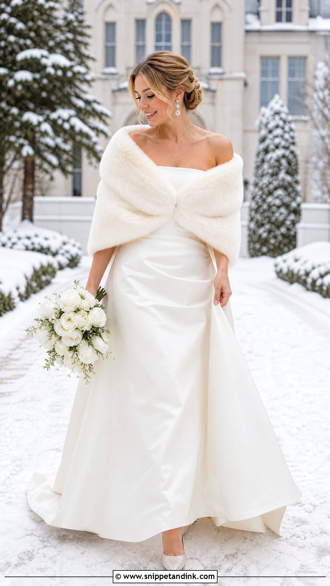 Ivory Faux Fur Shawl With Strapless Wedding Dress - Snippet and Ink - 20 Winter Wedding Shawl Ideas