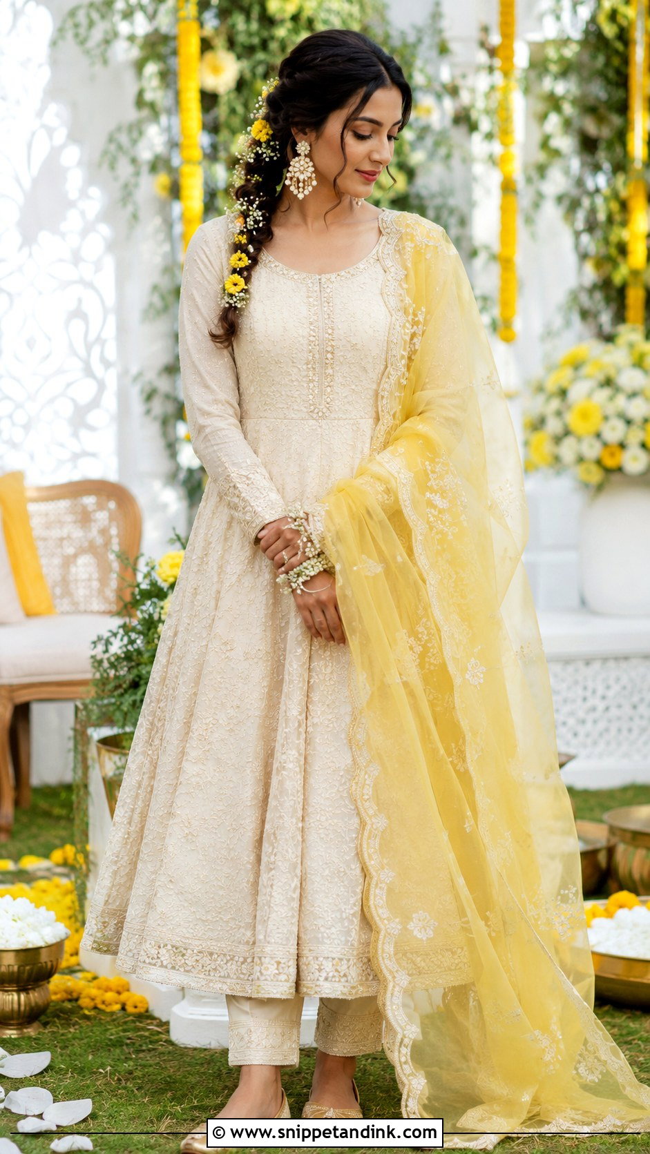 Ivory Floral Anarkali Haldi Bride Outfit - Snippet and Ink - 20 Haldi Mehndi Outfit for Bride Ideas