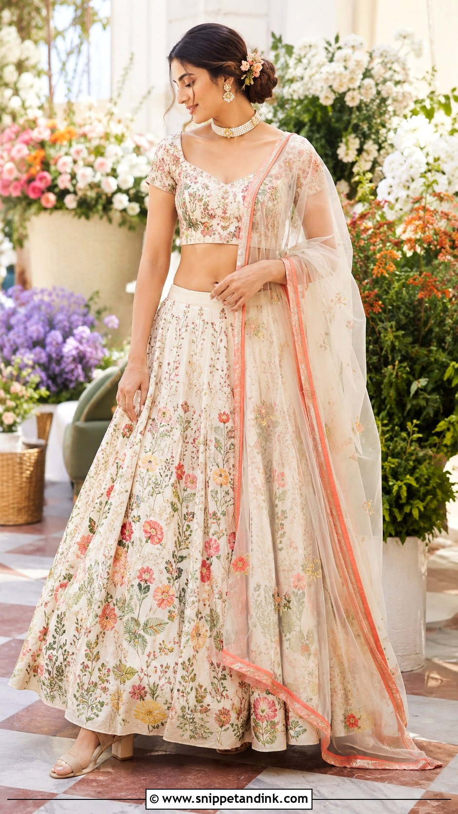 Ivory Floral Lehenga Mehndi Outfit - Snippet and Ink - 20 Mehndi Ceremony Outfit for Sister Ideas