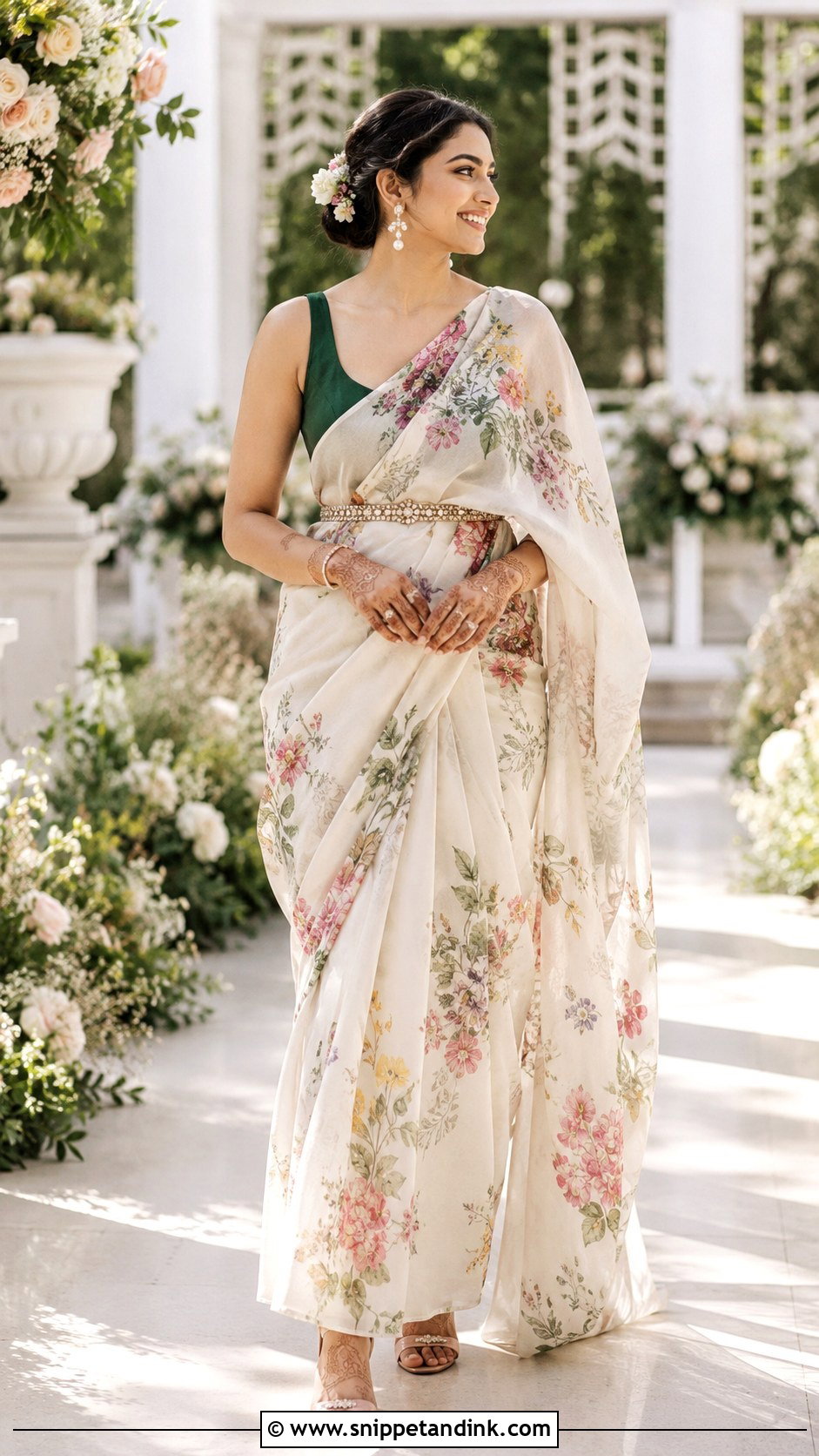 Ivory Floral Mehendi Saree - Snippet and Ink - 20 Bridal Mehendi Outfits