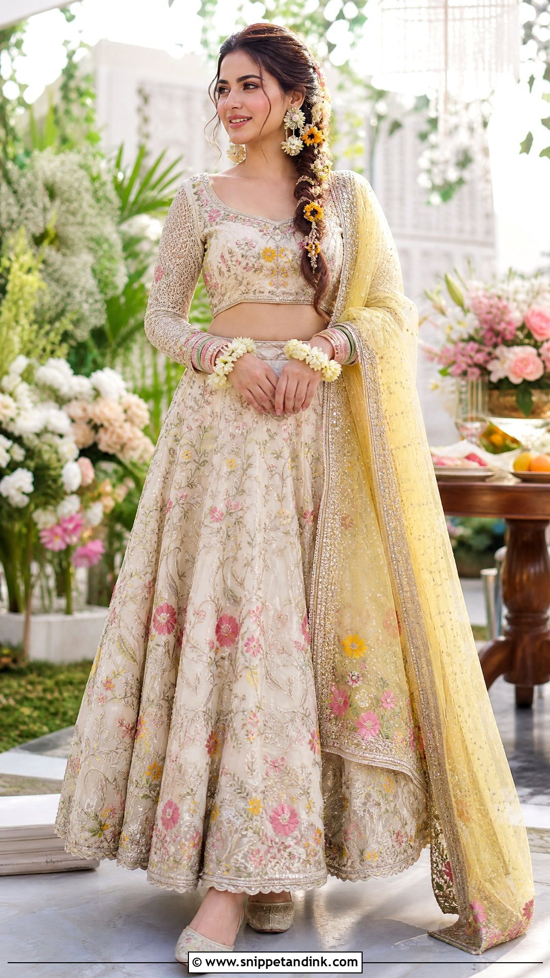 Ivory Floral Mehndi Bridal Lehenga - Snippet and Ink - 20 Pakistan Mehndi Bridal Outfit Ideas